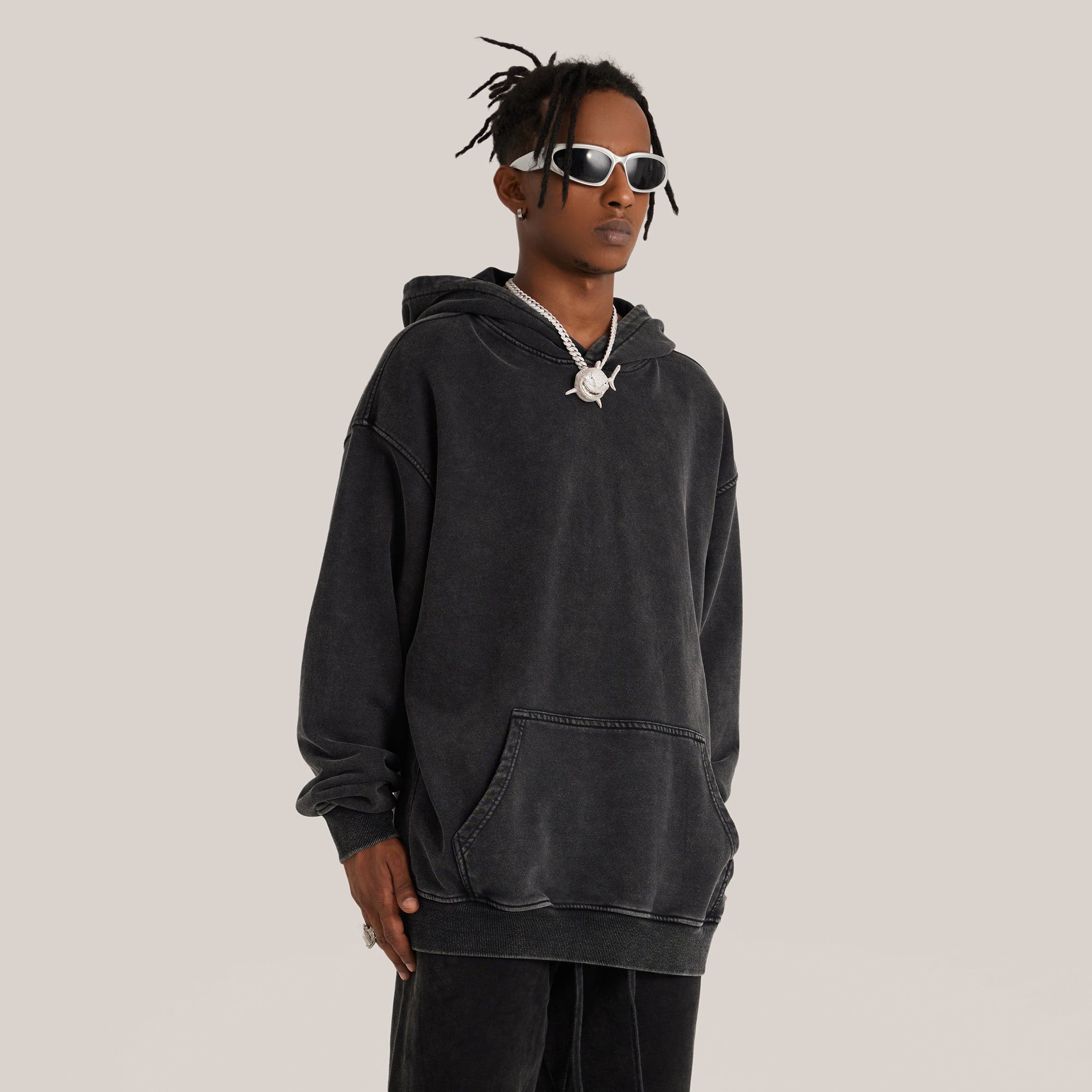 male model wearing mercy oversized graphic hoodie front fit view