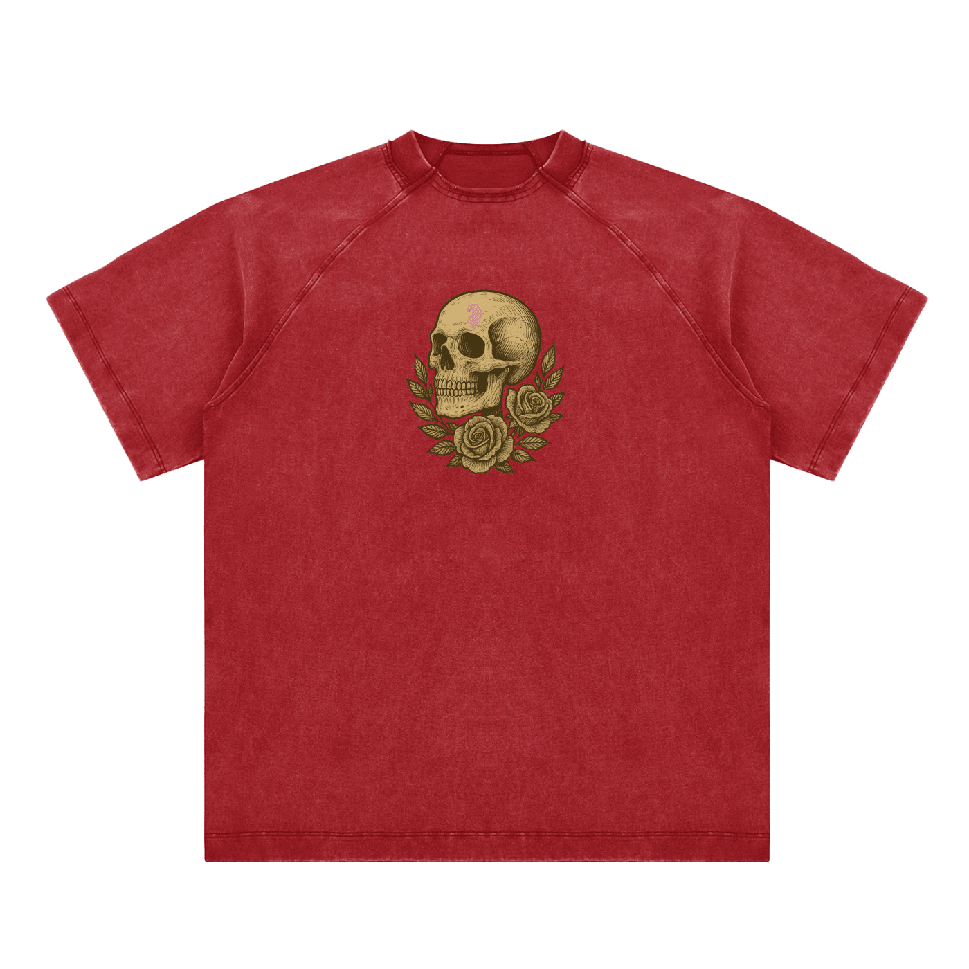 Vivid red t-shirt with golden skull and rose symbol on chest