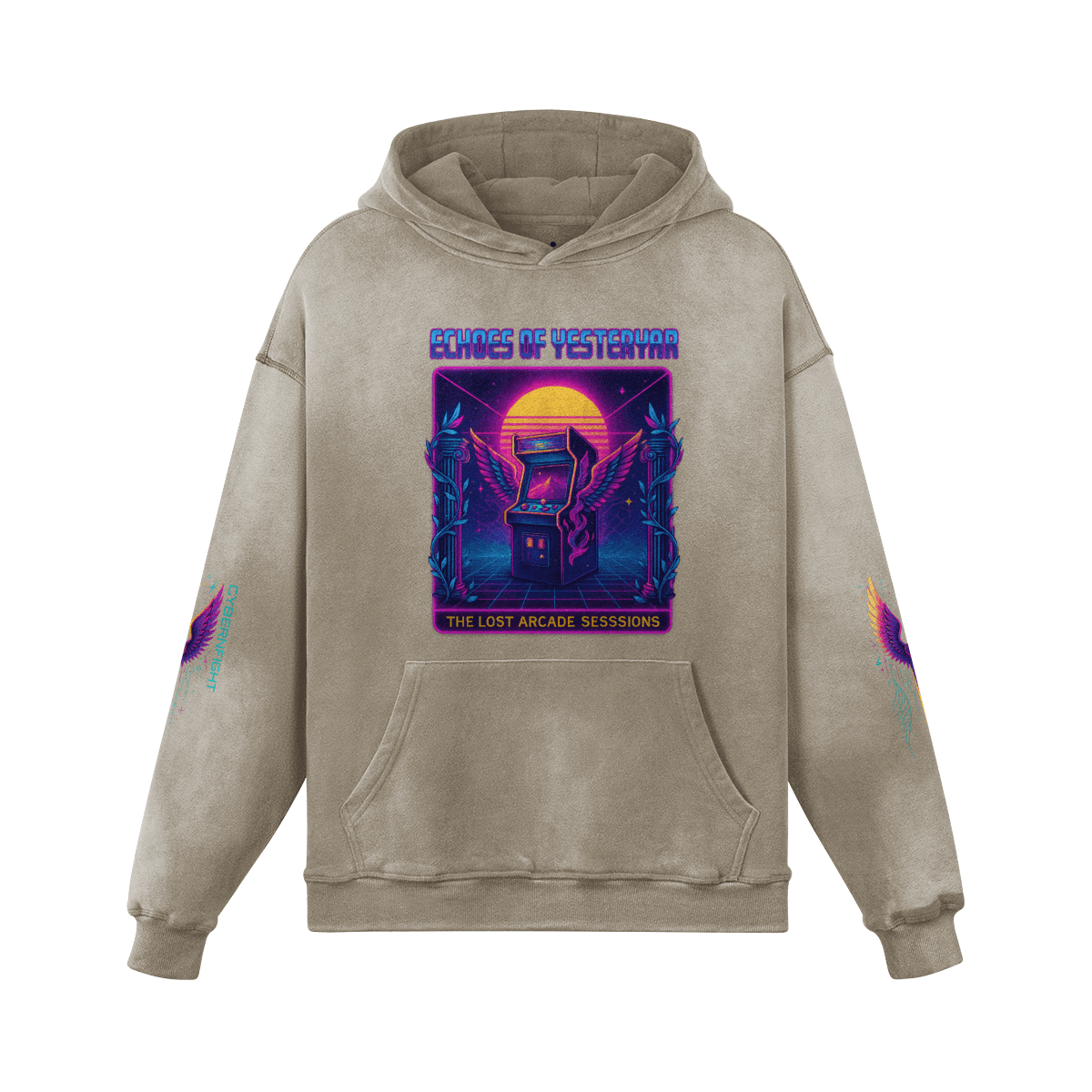 NeoSeraph oversized graphic hoodie front view in washed khaki with retro arcade DTG print