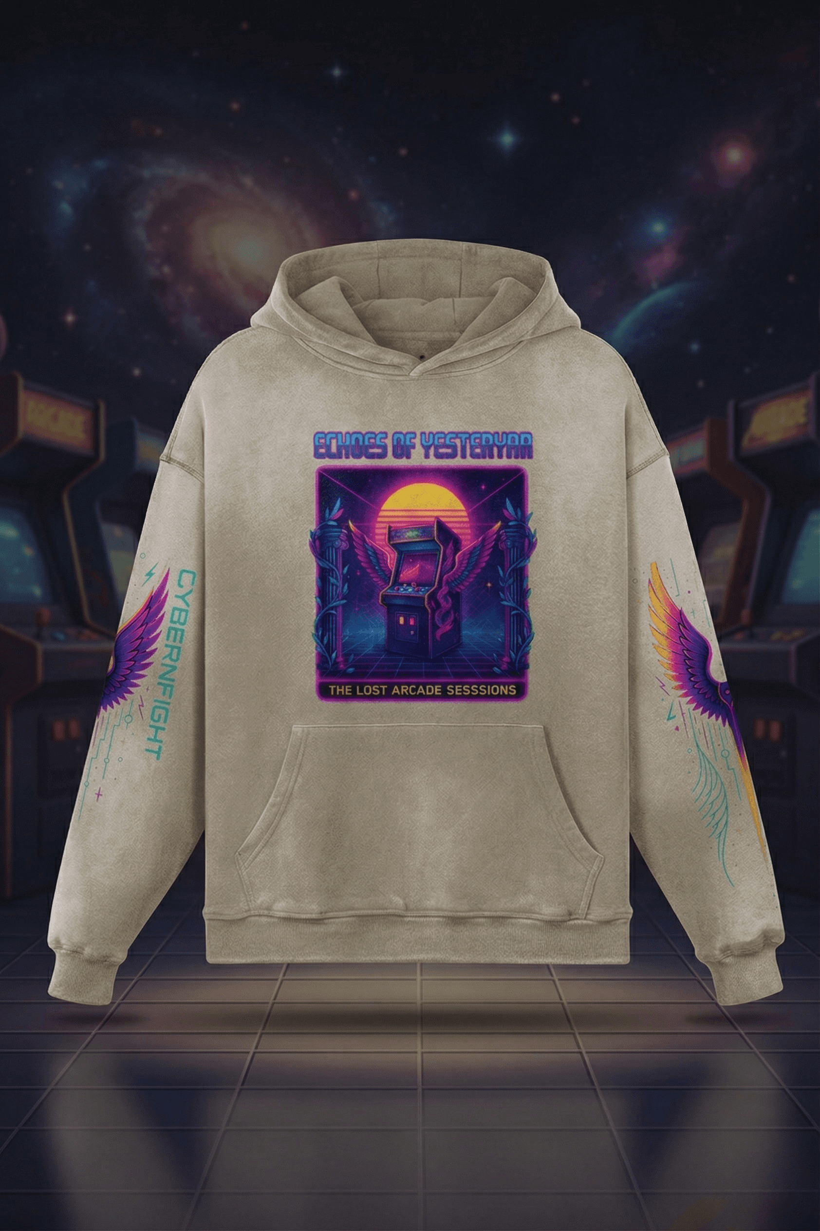 NeoSeraph Oversized Graphic Hoodie – Khaki 100% Cotton Washed Pullover