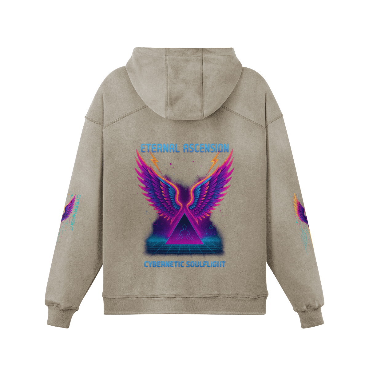 NeoSeraph oversized graphic hoodie back view in washed khaki with neon wings DTG print