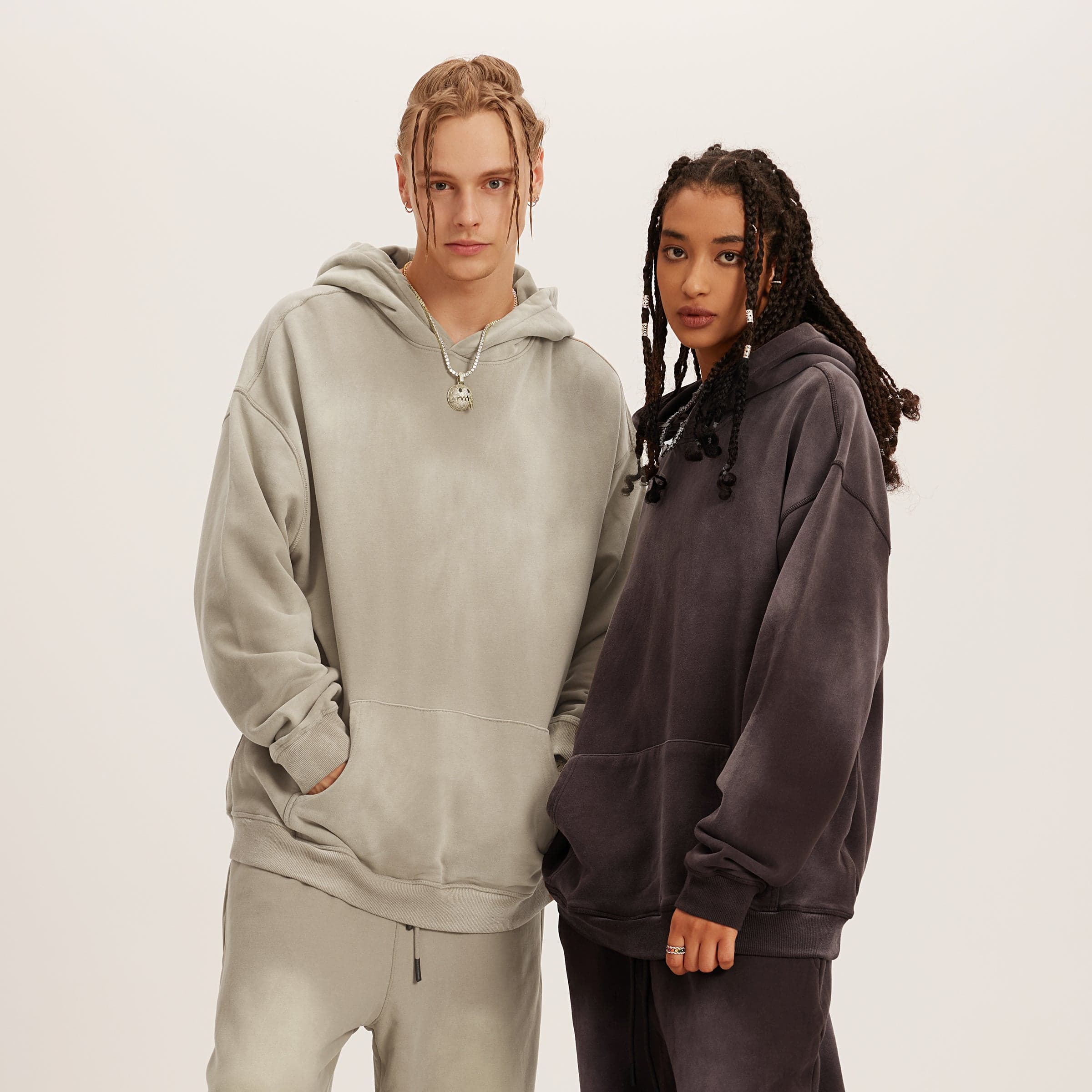 NeoSeraph oversized graphic hoodie fit comparison on two models wearing khaki and dark hoodies