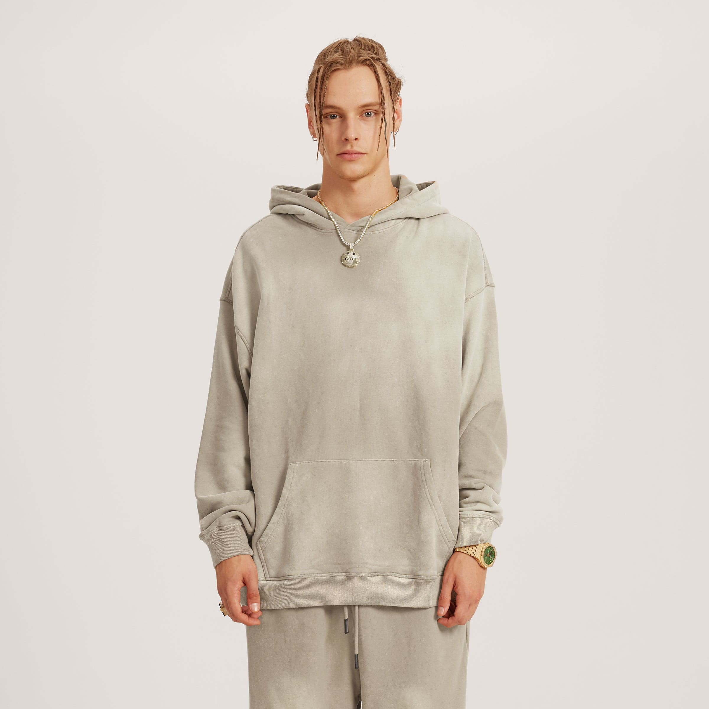 NeoSeraph oversized graphic hoodie male model front fit view in washed khaki