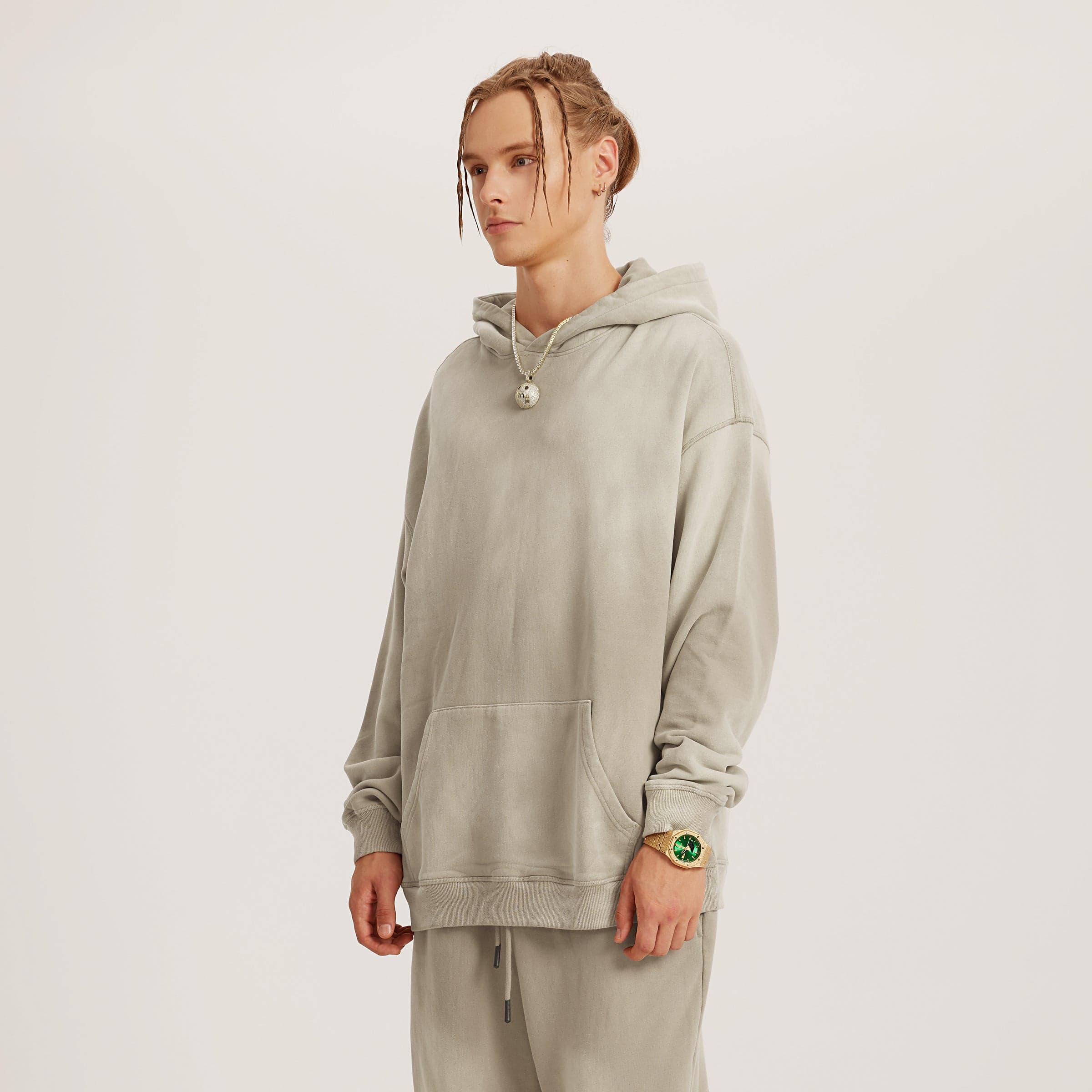 NeoSeraph oversized graphic hoodie male model angled side fit view in washed khaki