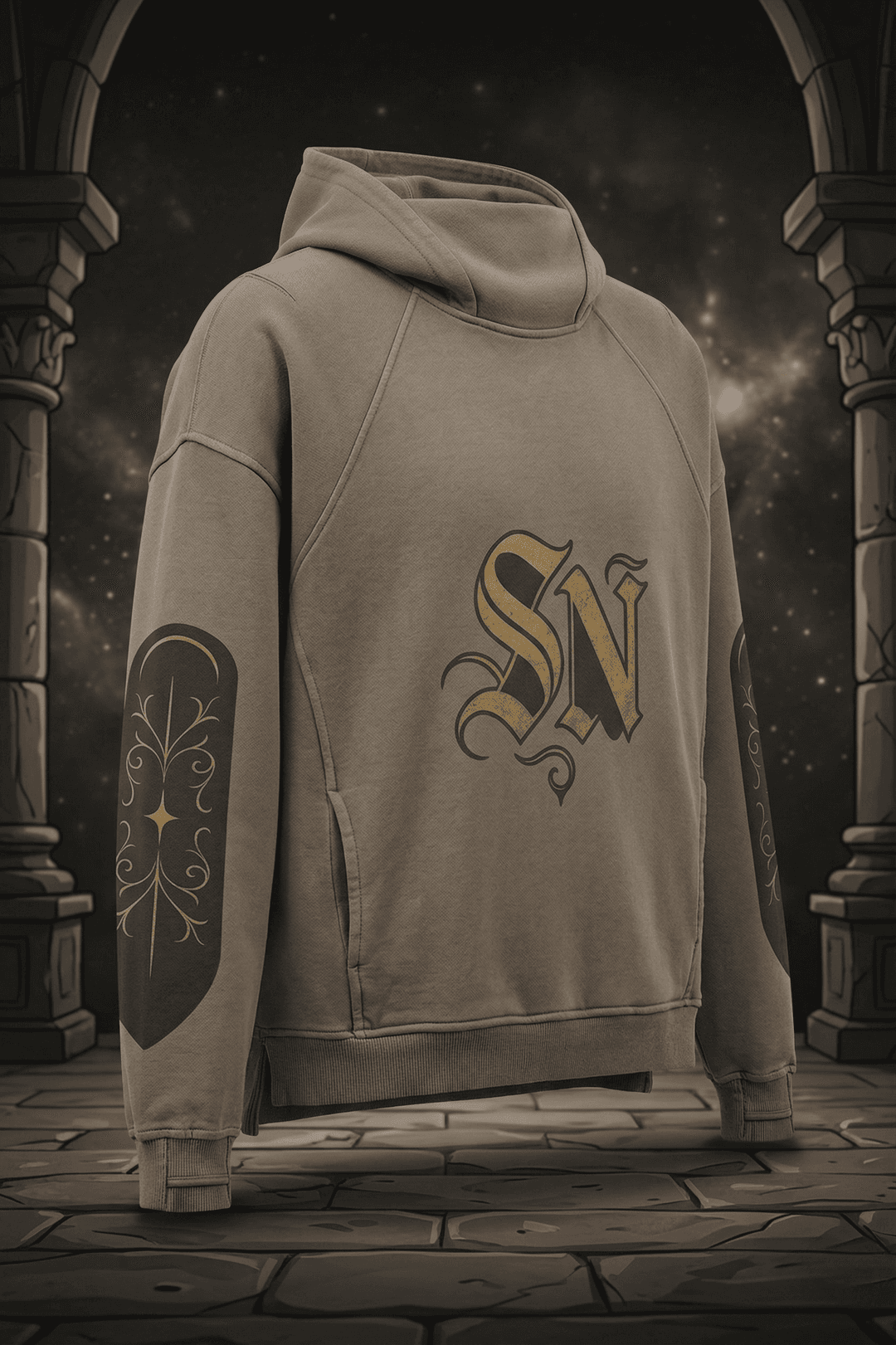 NOX Oversized Graphic Hoodie – 100% Cotton Khaki Turtleneck Pullover