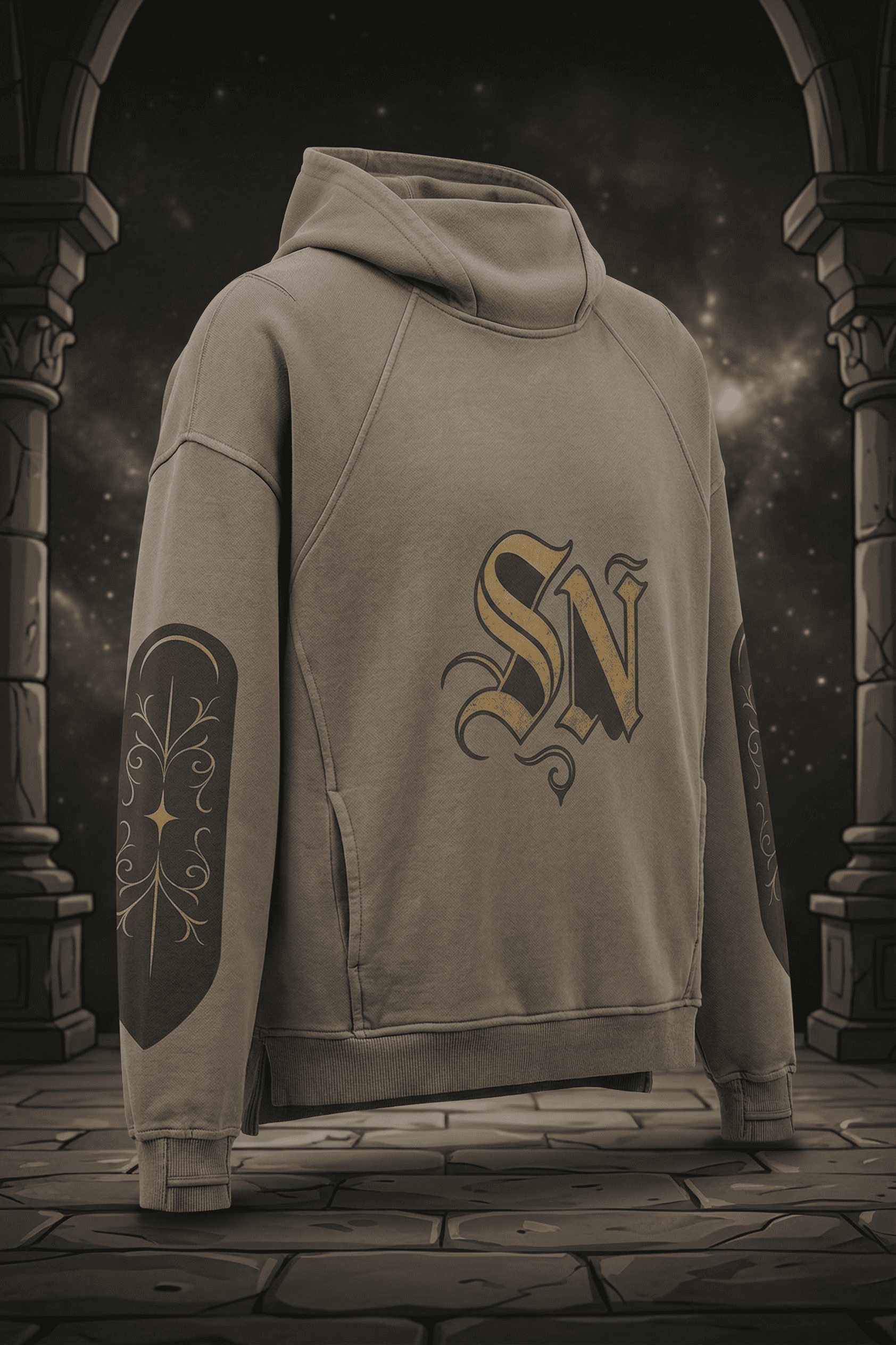 NOX Oversized Graphic Hoodie – 100% Cotton Khaki Turtleneck Pullover