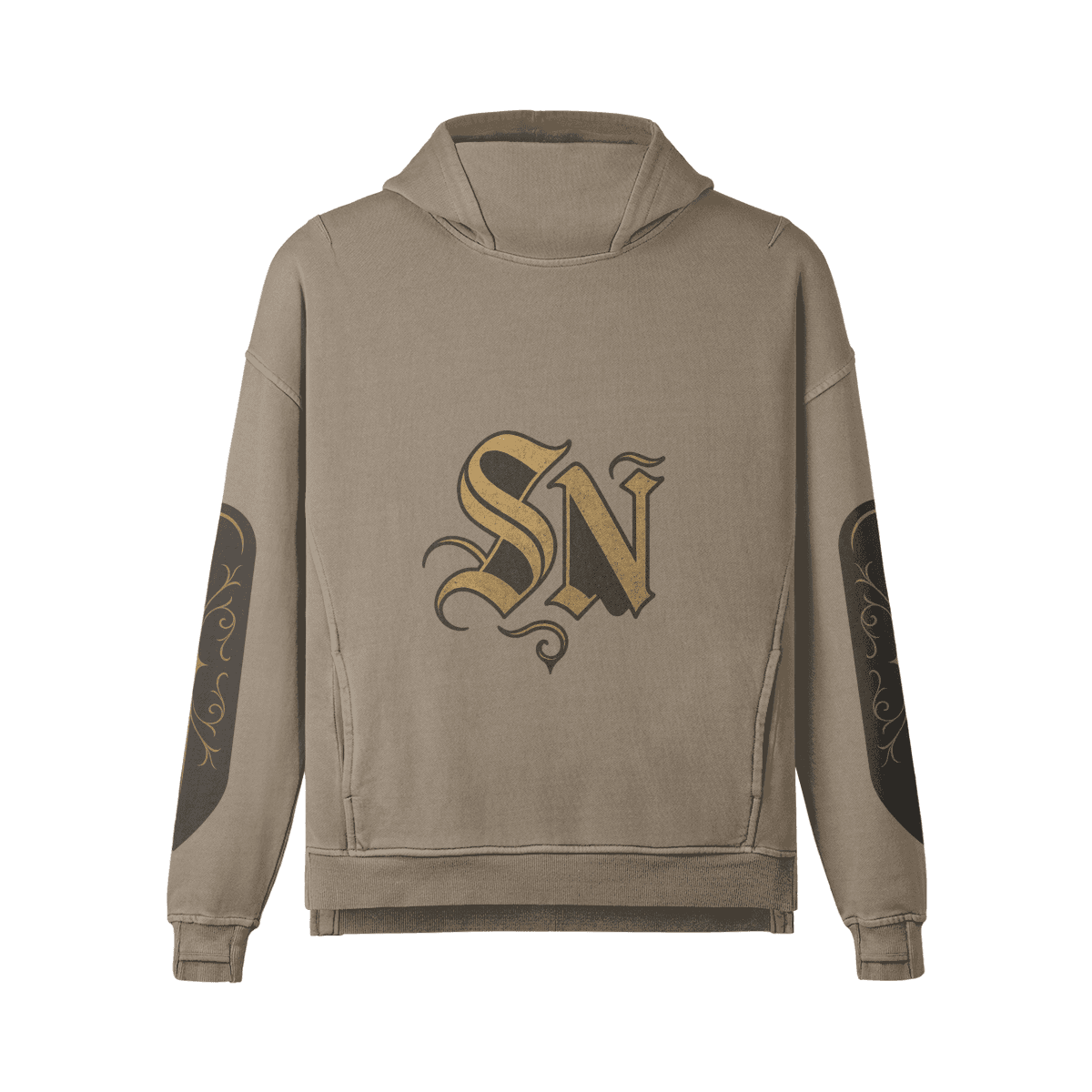 NOX oversized graphic hoodie front view in khaki with gothic monogram DTG print