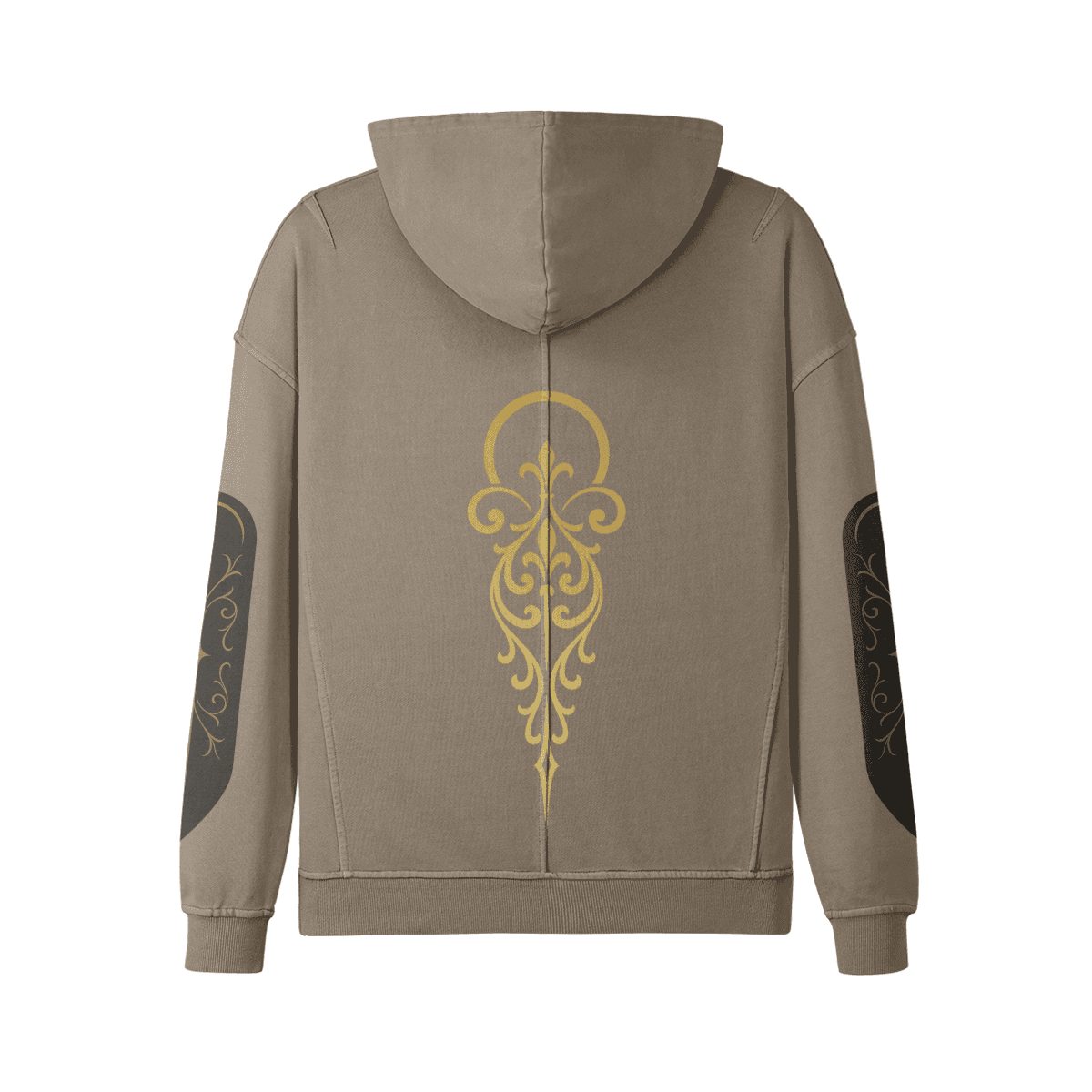 NOX oversized graphic hoodie back view in khaki with ornamental back DTG print