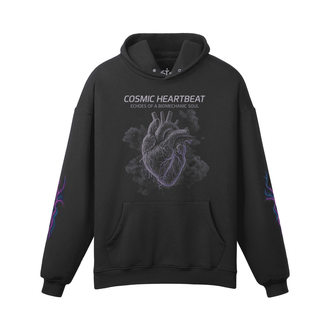Pulsecore oversized graphic hoodie front view in black with anatomical heart DTG print