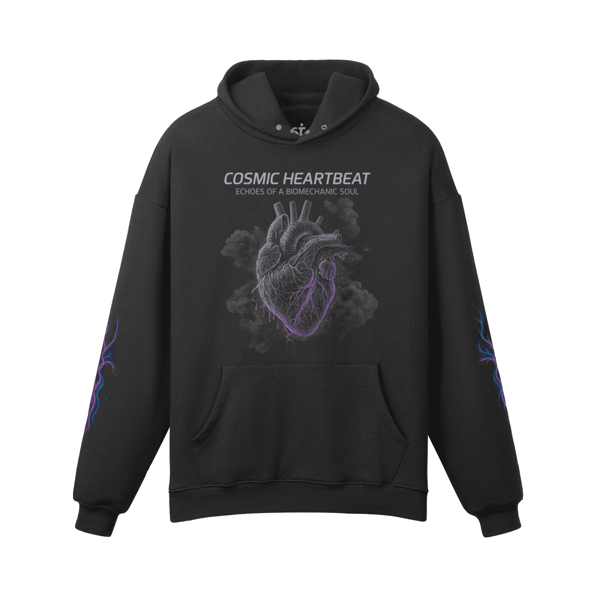 Pulsecore oversized graphic hoodie front view in black with anatomical heart DTG print