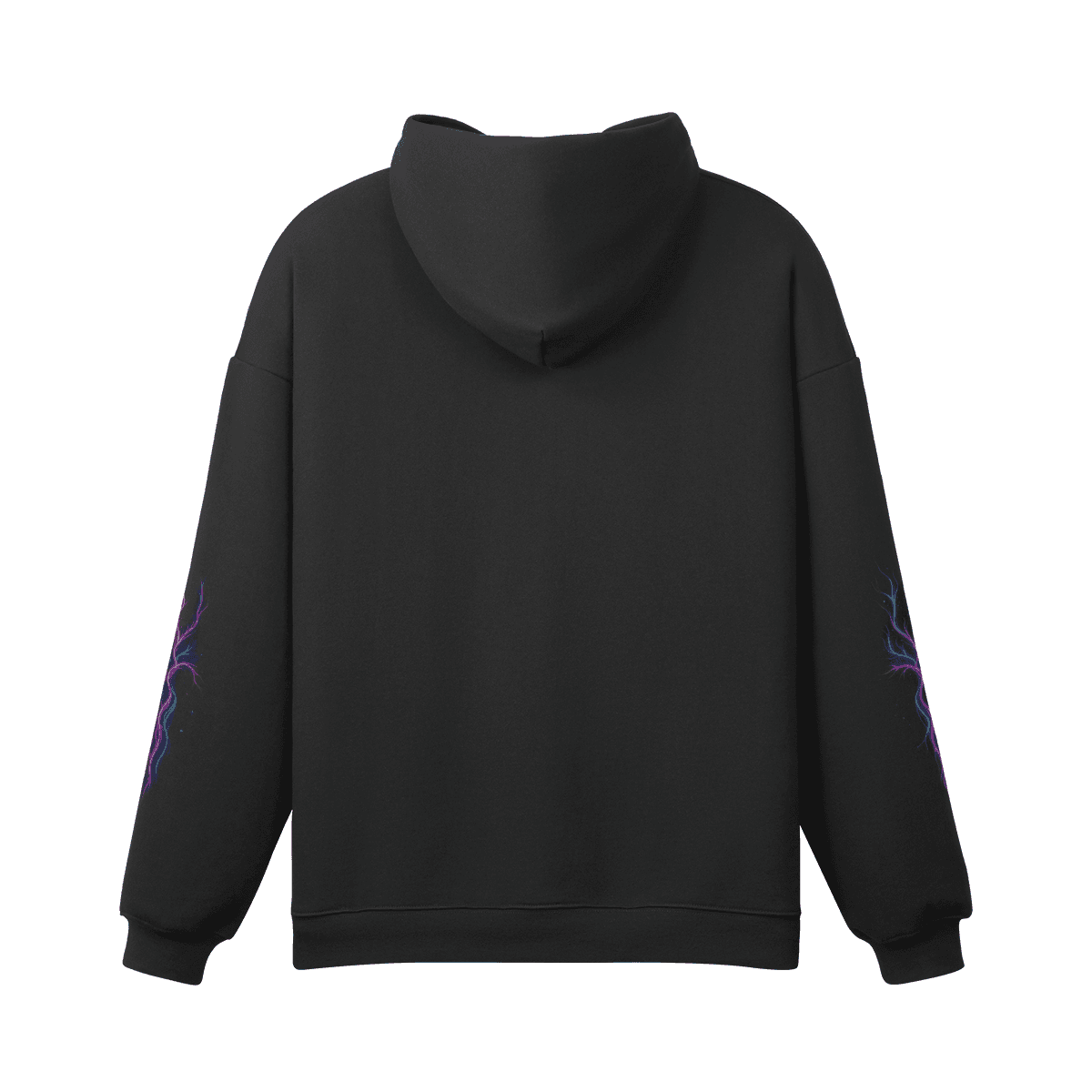 Pulsecore oversized graphic hoodie back view in black with sleeve DTG prints