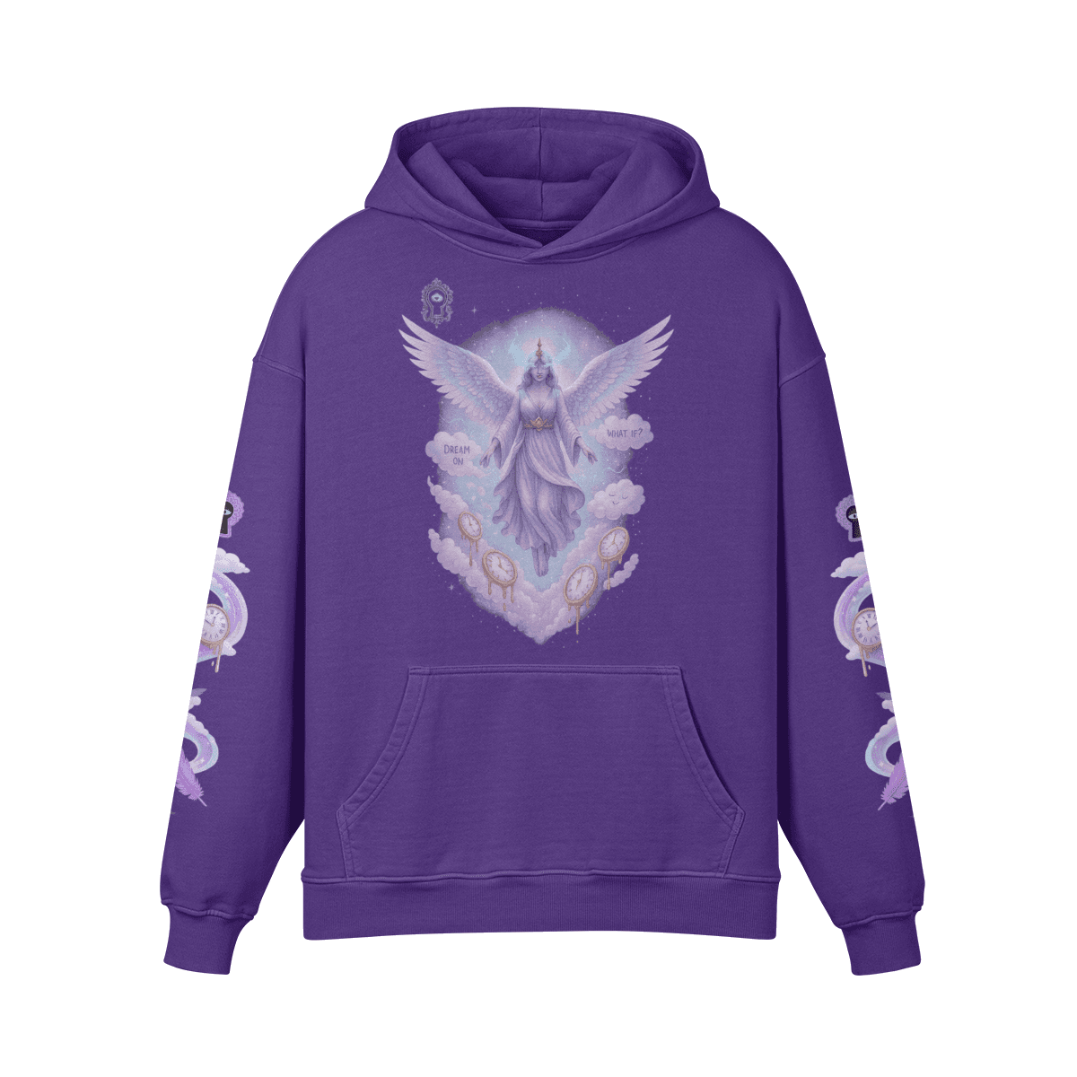 Purple Haze oversized graphic hoodie front view in purple with angel DTG print