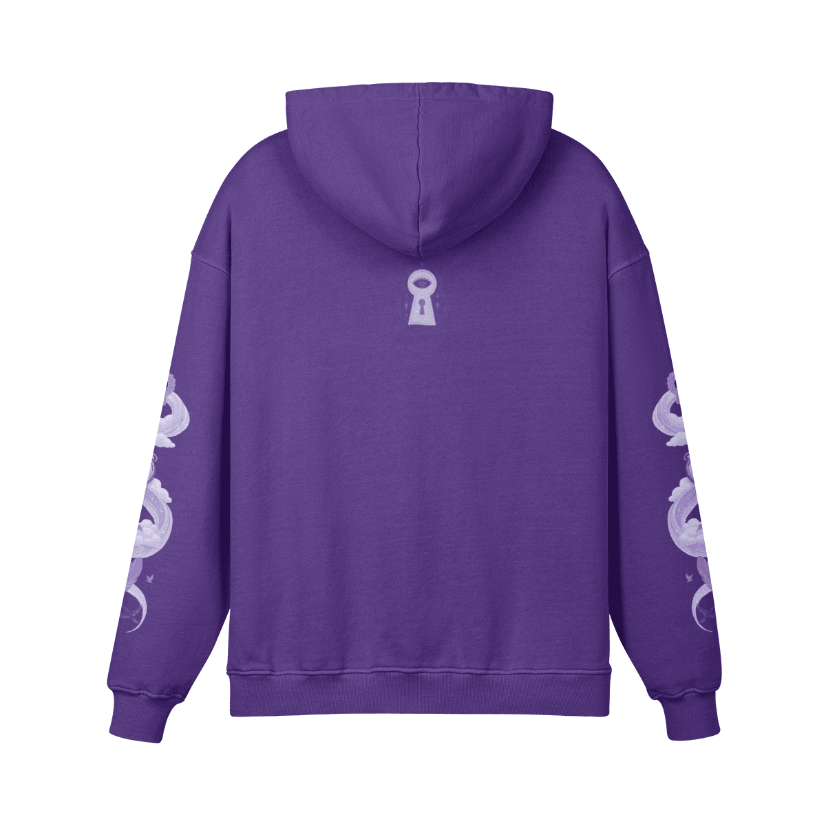 Purple Haze oversized graphic hoodie back view in purple with embroidered keyhole detail below hood