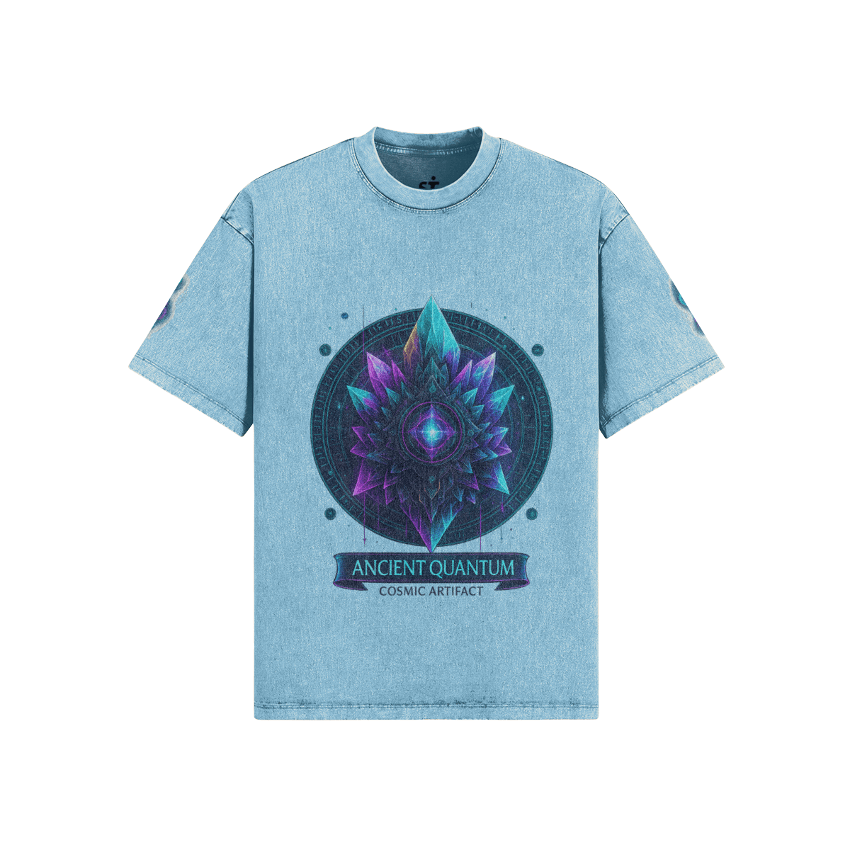 Quantum Veil oversized graphic tee front view in washed blue with cosmic crystal DTG print