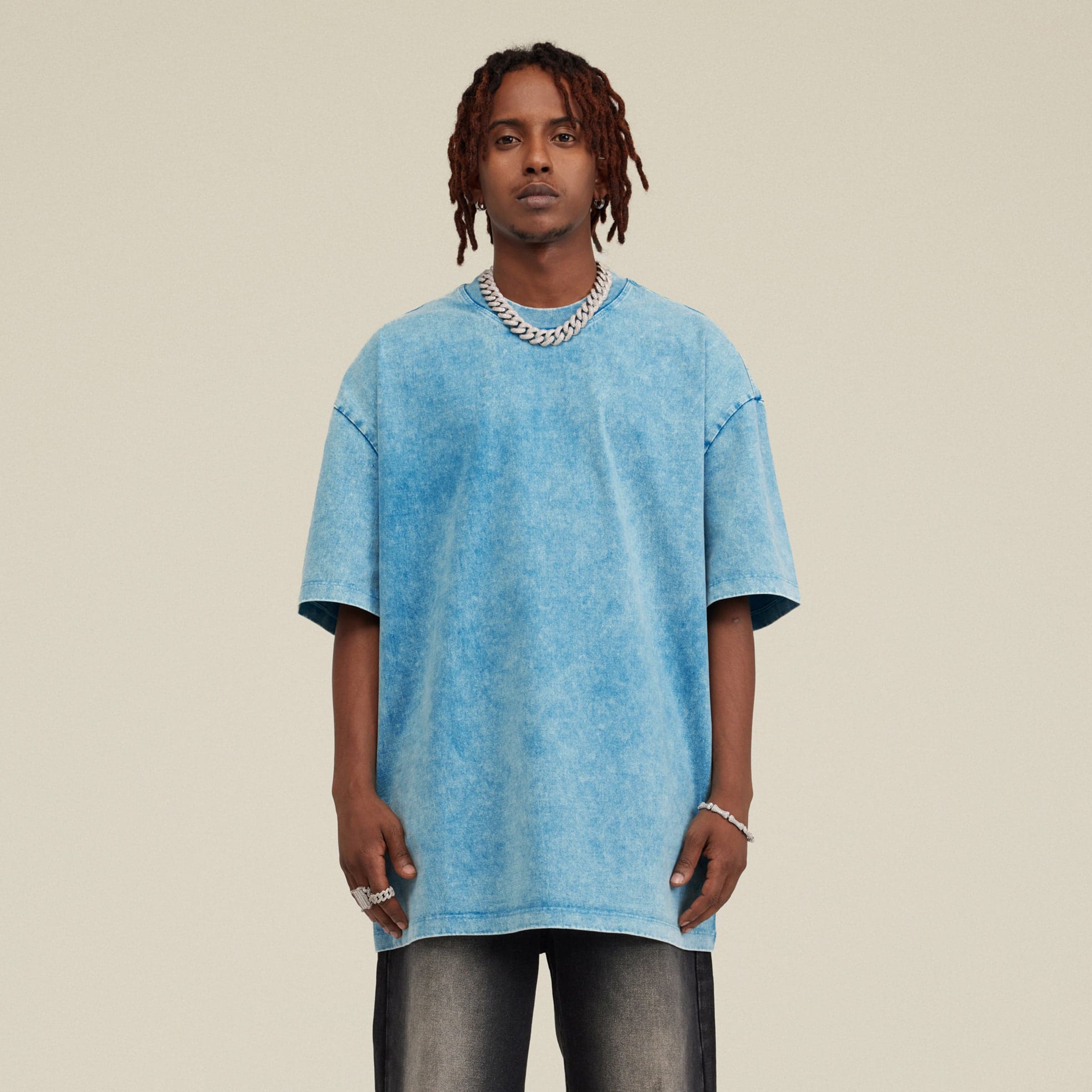 Quantum Veil oversized graphic tee male model front fit view in washed blue