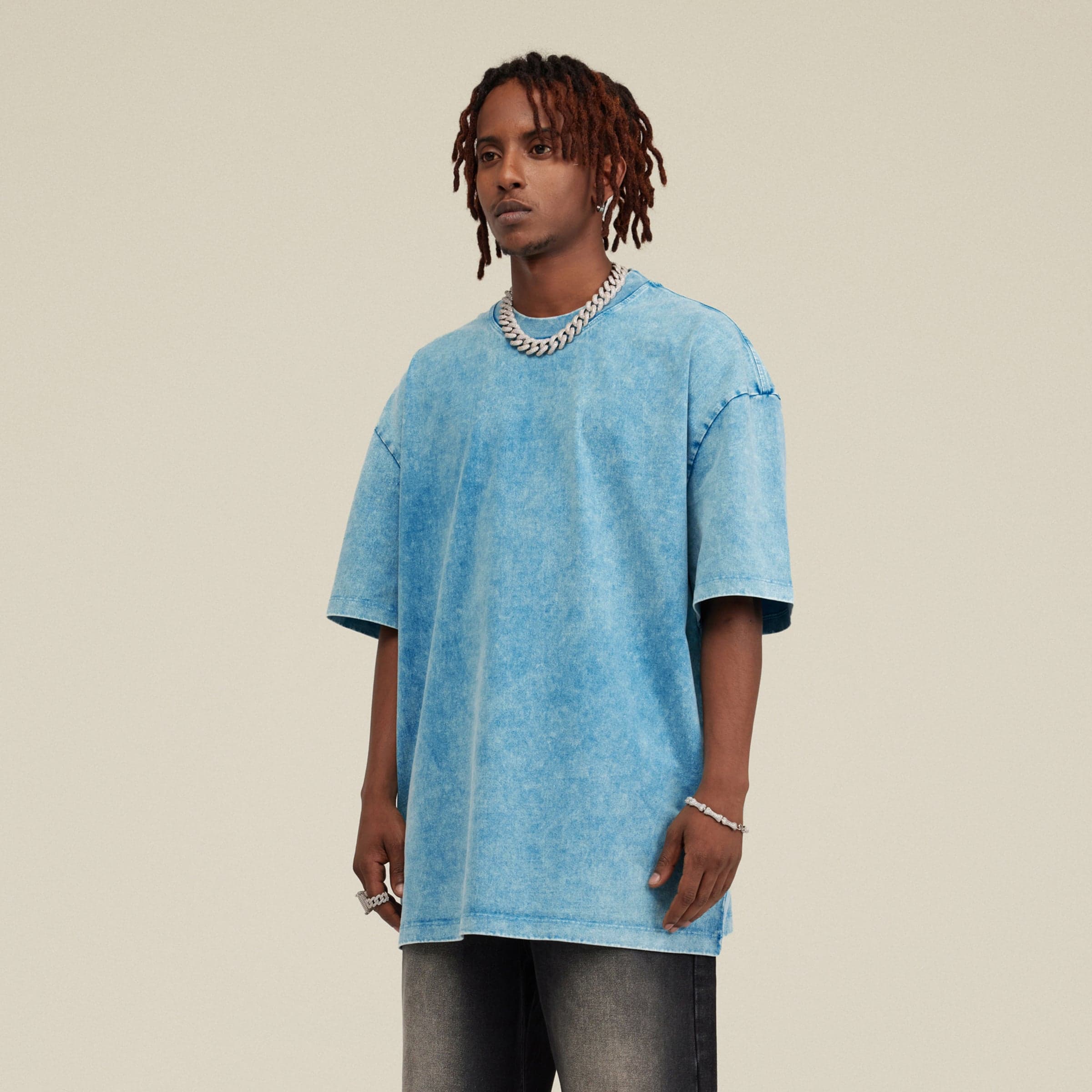 Quantum Veil oversized graphic tee male model angled fit view in washed blue
