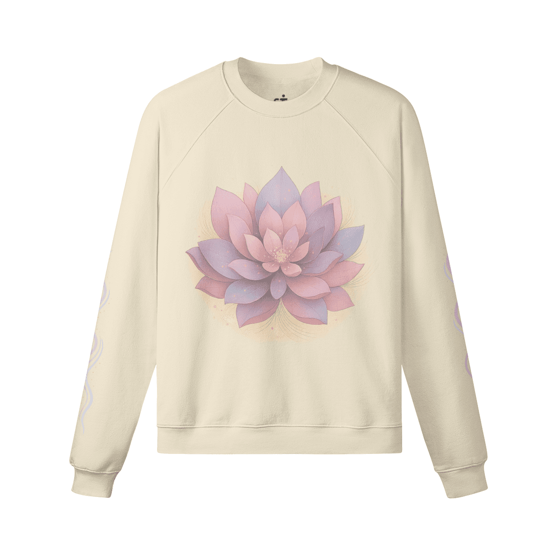 Quiet Bloom graphic crewneck sweatshirt front view in cream with lotus flower print
