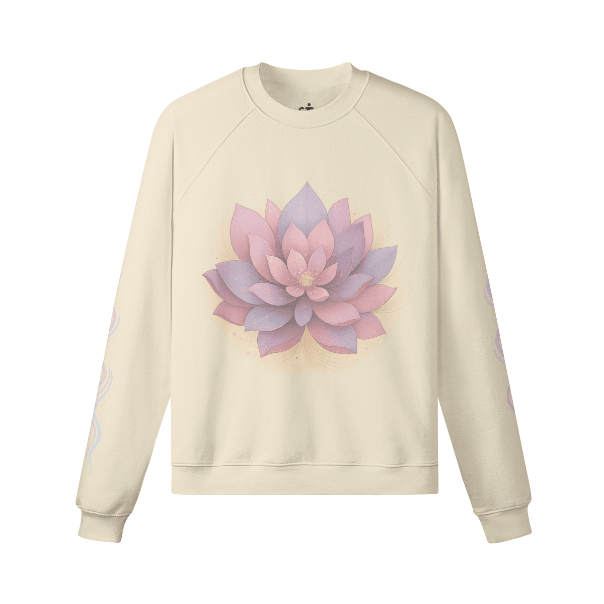 Quiet Bloom graphic crewneck sweatshirt front view in cream with lotus flower print