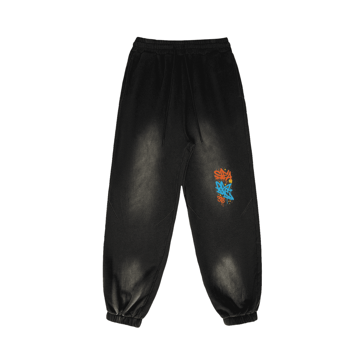 REIGN embroidered sweatpants front view in washed black with leg embroidery