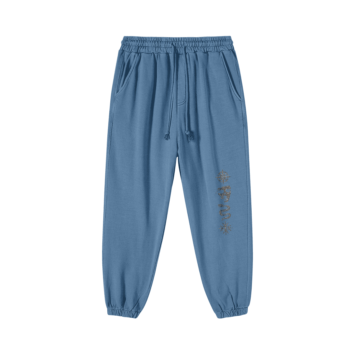 Relic embroidered sweatpants front view in washed blue with leg embroidery