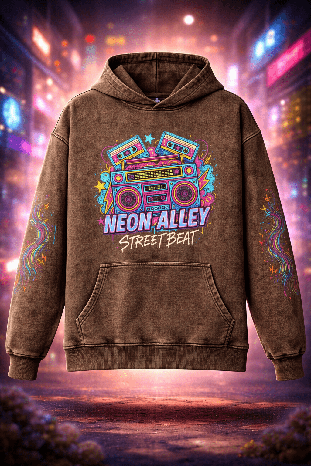 Retro Beat Oversized Graphic Hoodie – 100% Combed Cotton Brown Pullover