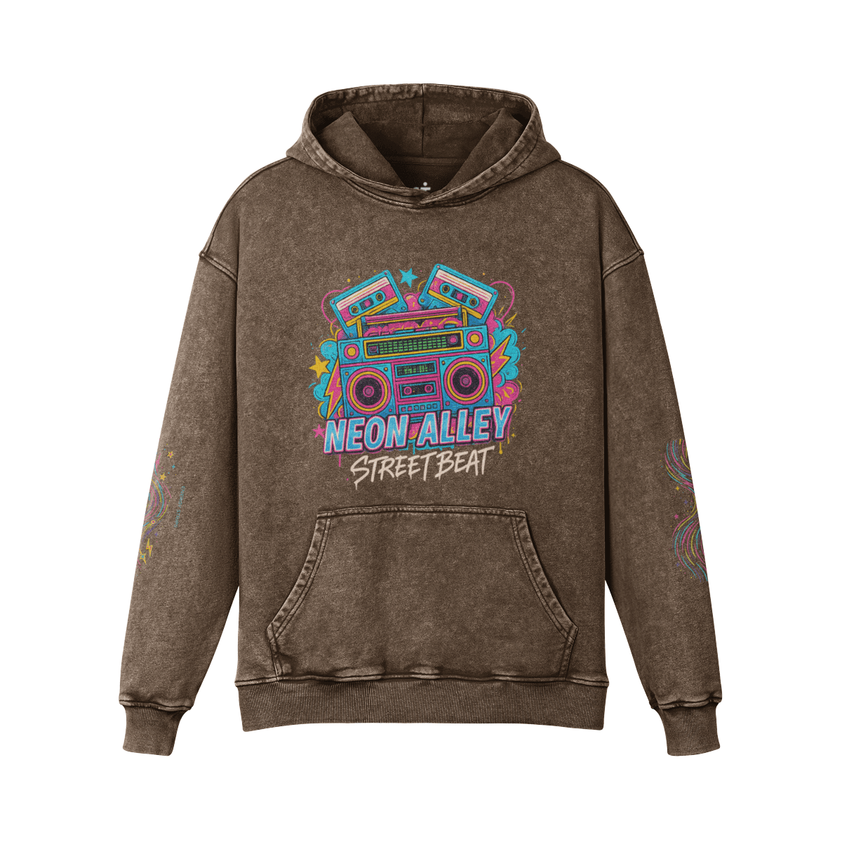 Retro Beat oversized graphic hoodie front view in washed brown with neon boombox DTG print