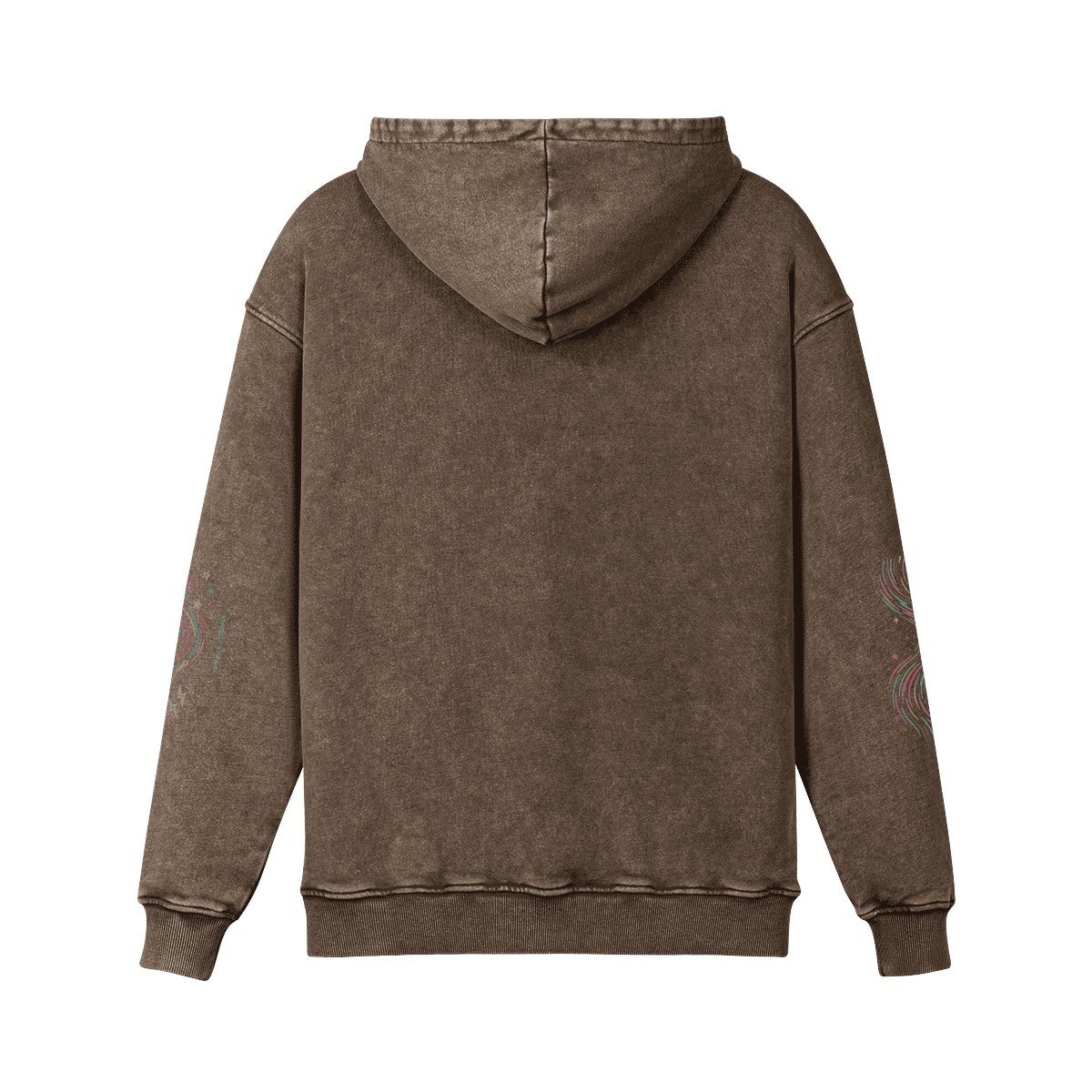 Retro Beat oversized graphic hoodie back view in washed brown with sleeve DTG prints