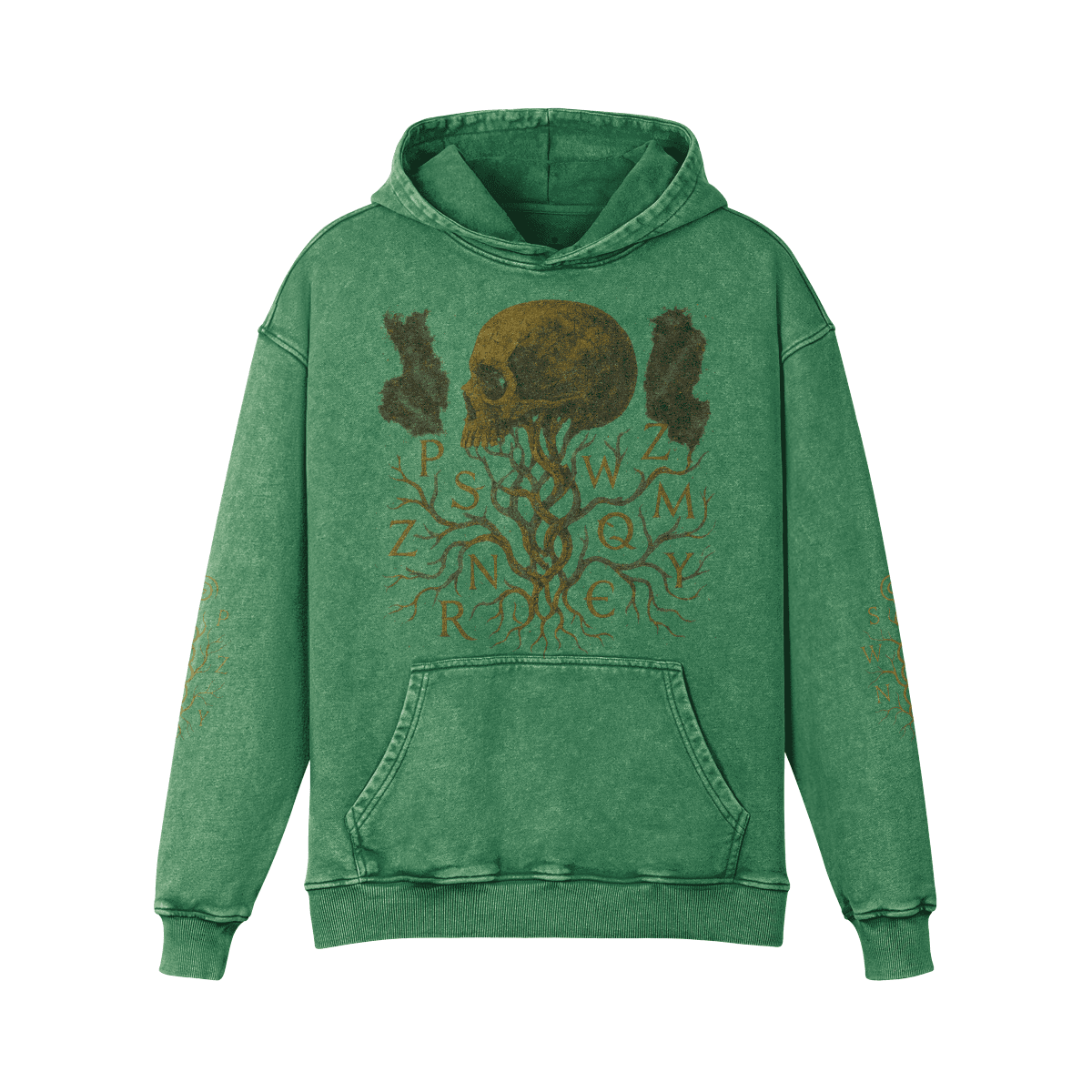 Rooted Spiral oversized graphic hoodie front view in washed green with skull tree DTG print