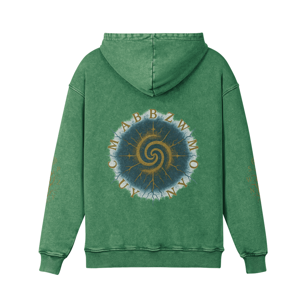 Rooted Spiral oversized graphic hoodie back view in washed green with spiral symbol DTG print
