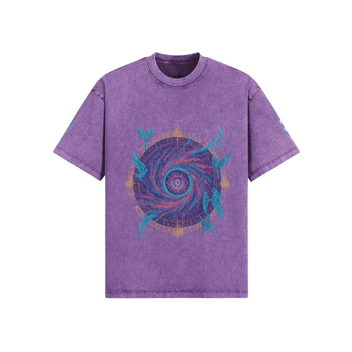 Seraph Coil oversized graphic tee front view in washed lavender with cosmic spiral DTG print
