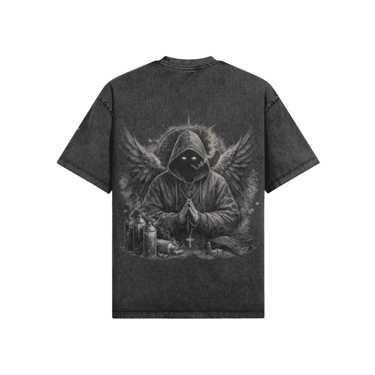 shadow prayer oversized graphic tee back view with large graphic print