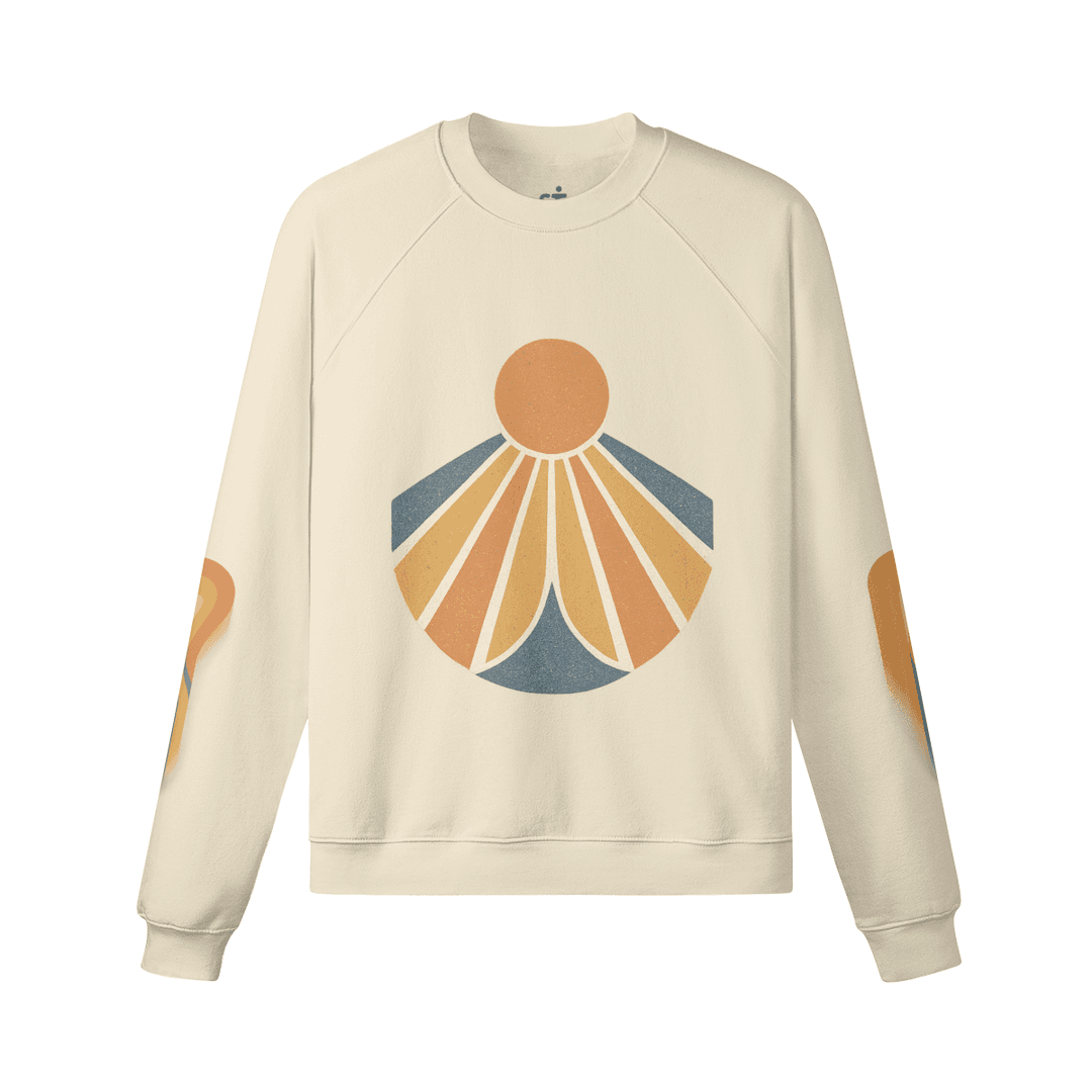 Sunflux graphic crewneck sweatshirt front view in apricot with sun-inspired print