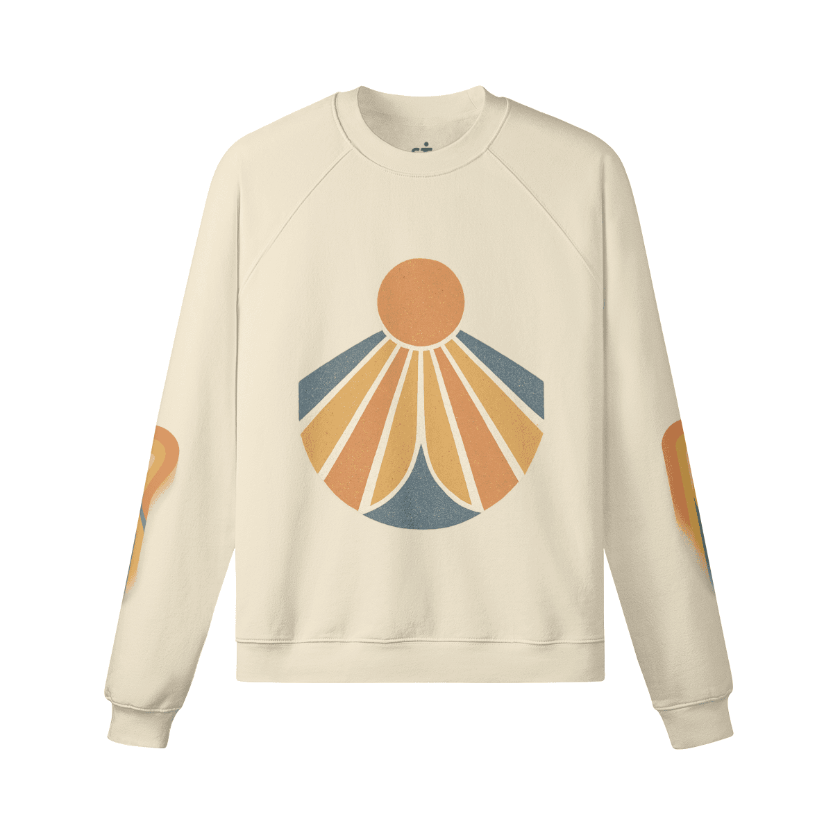 Sunflux graphic crewneck sweatshirt front view in apricot with sun-inspired print
