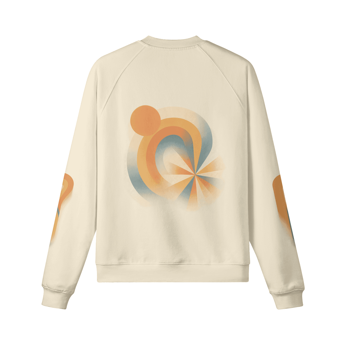 Sunflux graphic crewneck sweatshirt back view in apricot with abstract back print