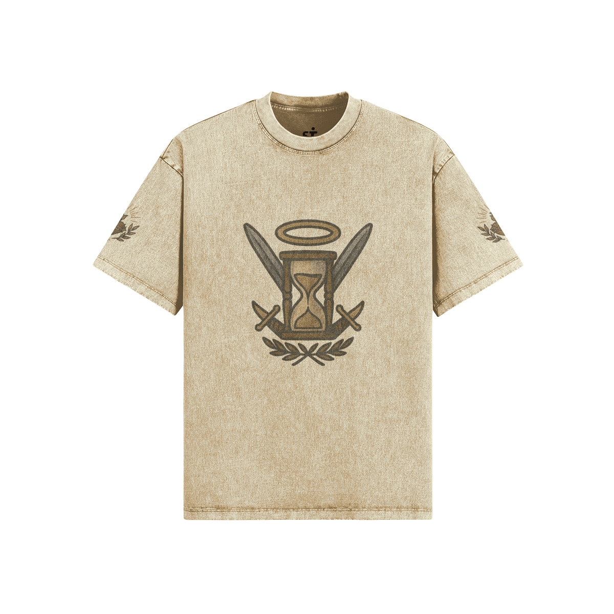 vigil oversized graphic tee front view in khaki with hourglass DTG print
