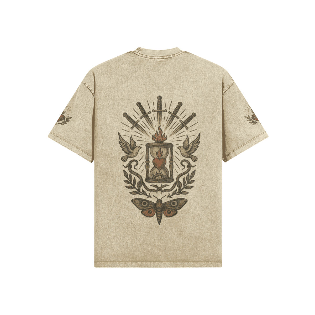 vigil oversized graphic tee back view with large symbolic DTG artwork