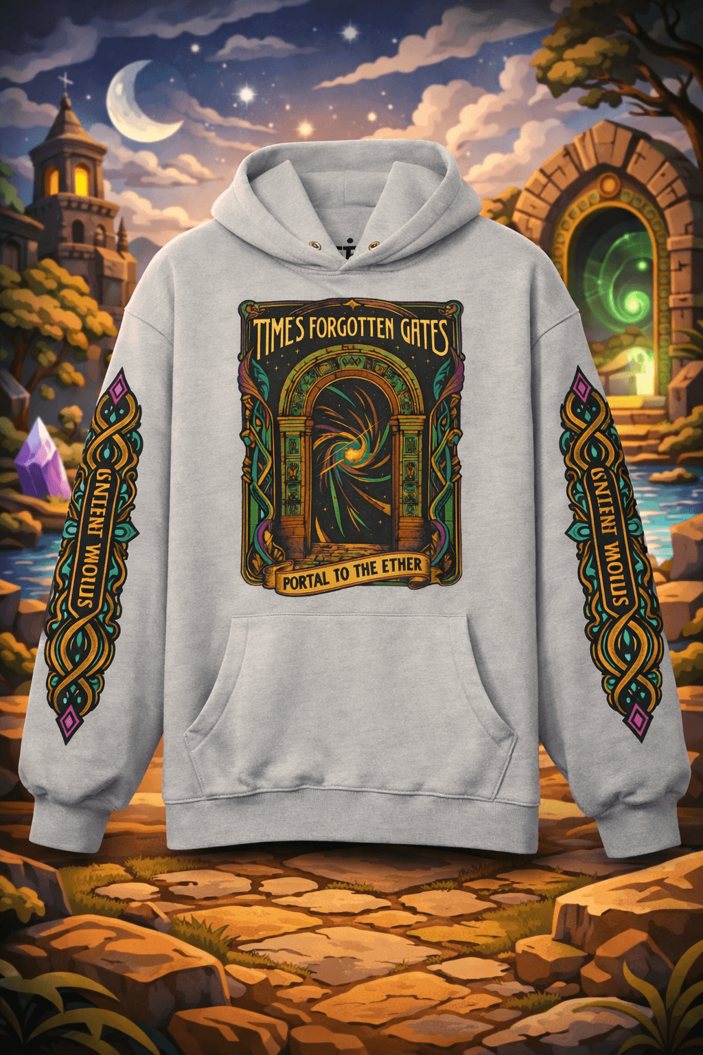 VineSigil Oversized Graphic Hoodie – 100% Cotton Gray Snap Collar Pullover