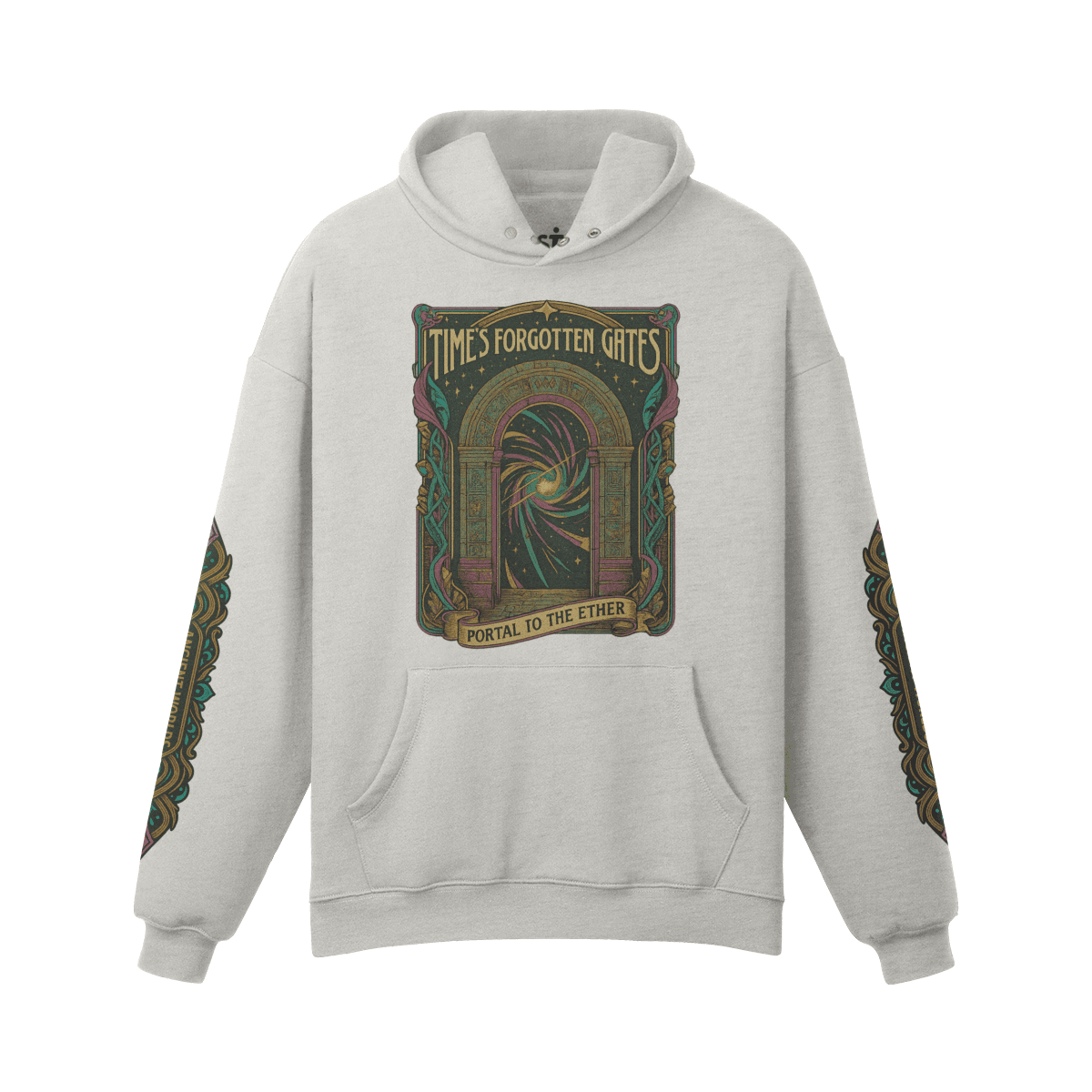 VineSigil oversized graphic hoodie front view in gray with fantasy portal DTG print