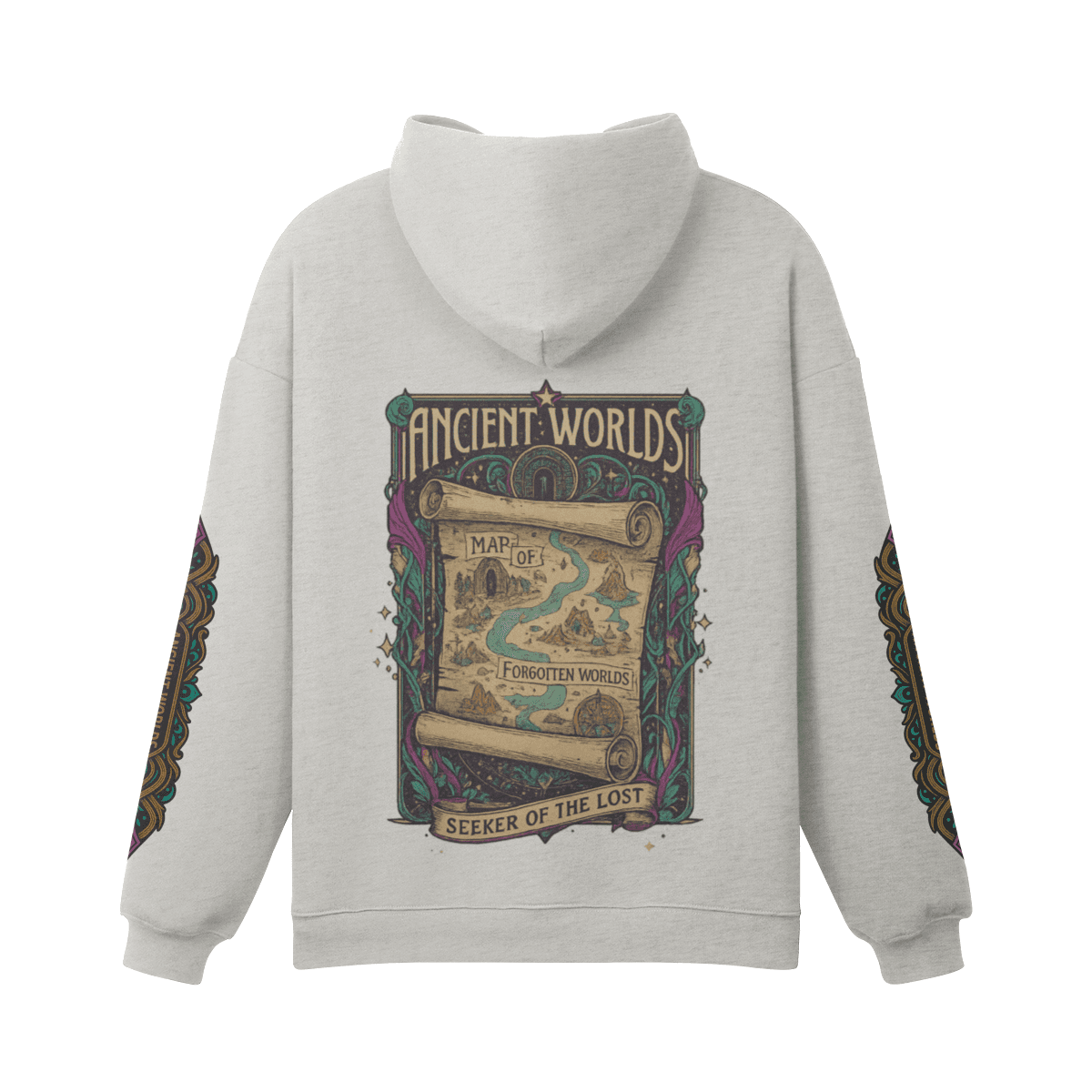 VineSigil oversized graphic hoodie back view in gray with illustrated map DTG print