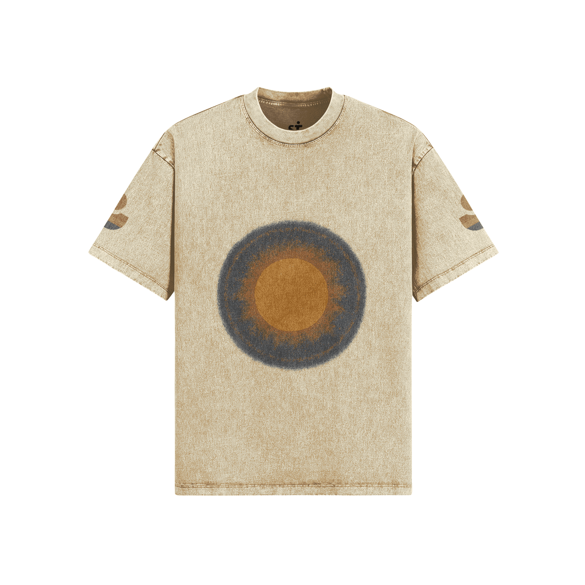 Vintage Beige oversized graphic tee front view in washed beige with circular DTG print