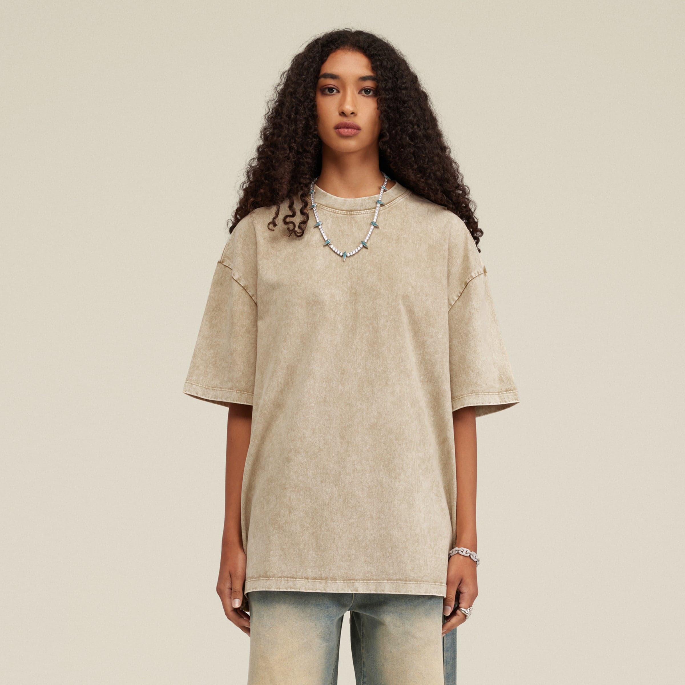 Vintage Beige oversized graphic tee female model front fit view