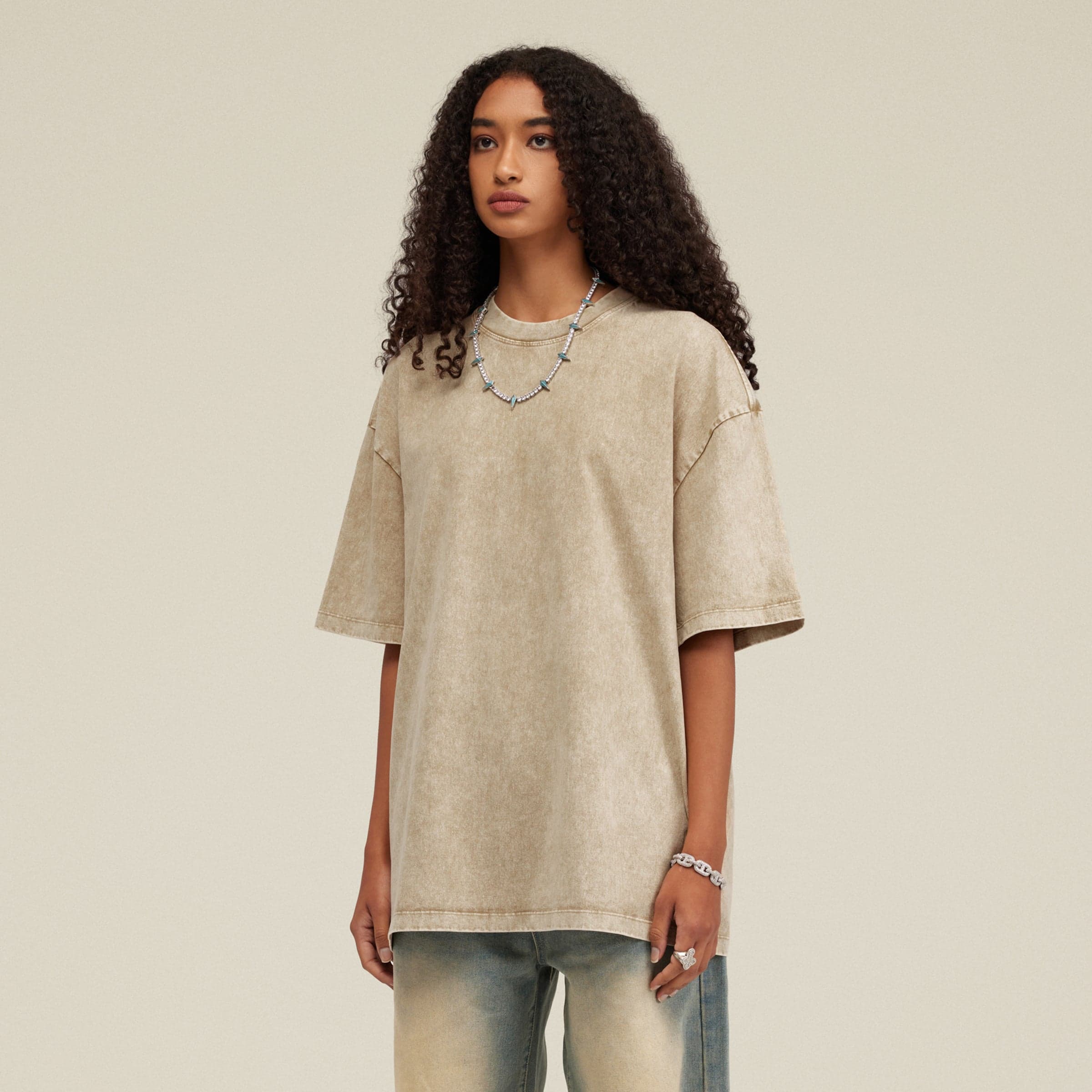 Vintage Beige oversized graphic tee female model front standing view