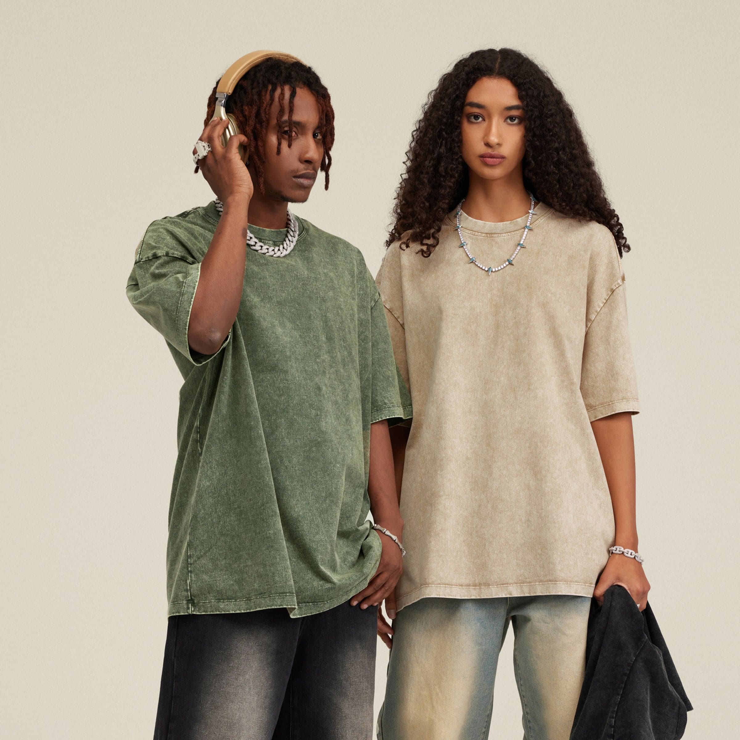 Vintage Beige media image showing beige and green oversized tees on two models