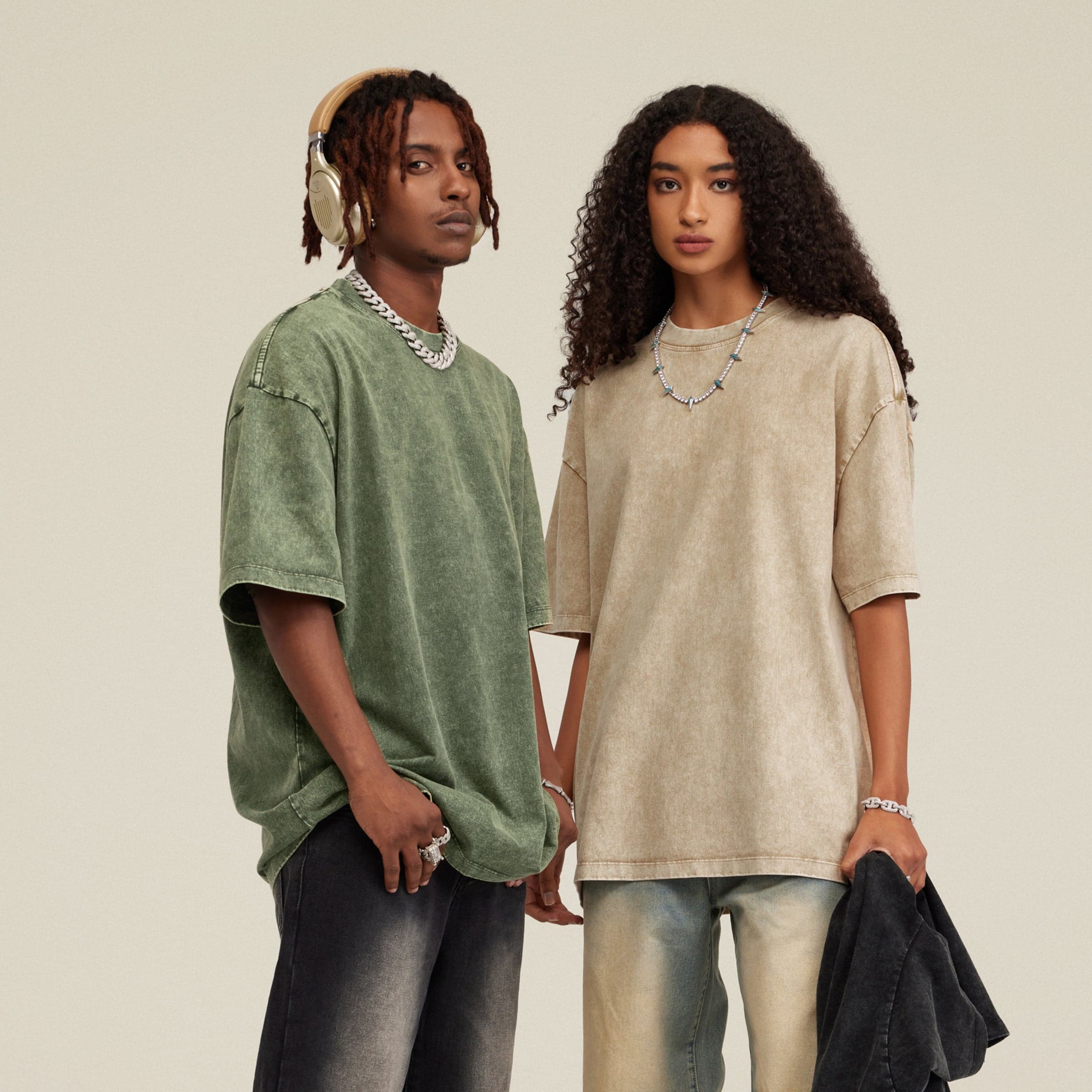 Vintage Beige media image showing green and beige oversized tees on two models