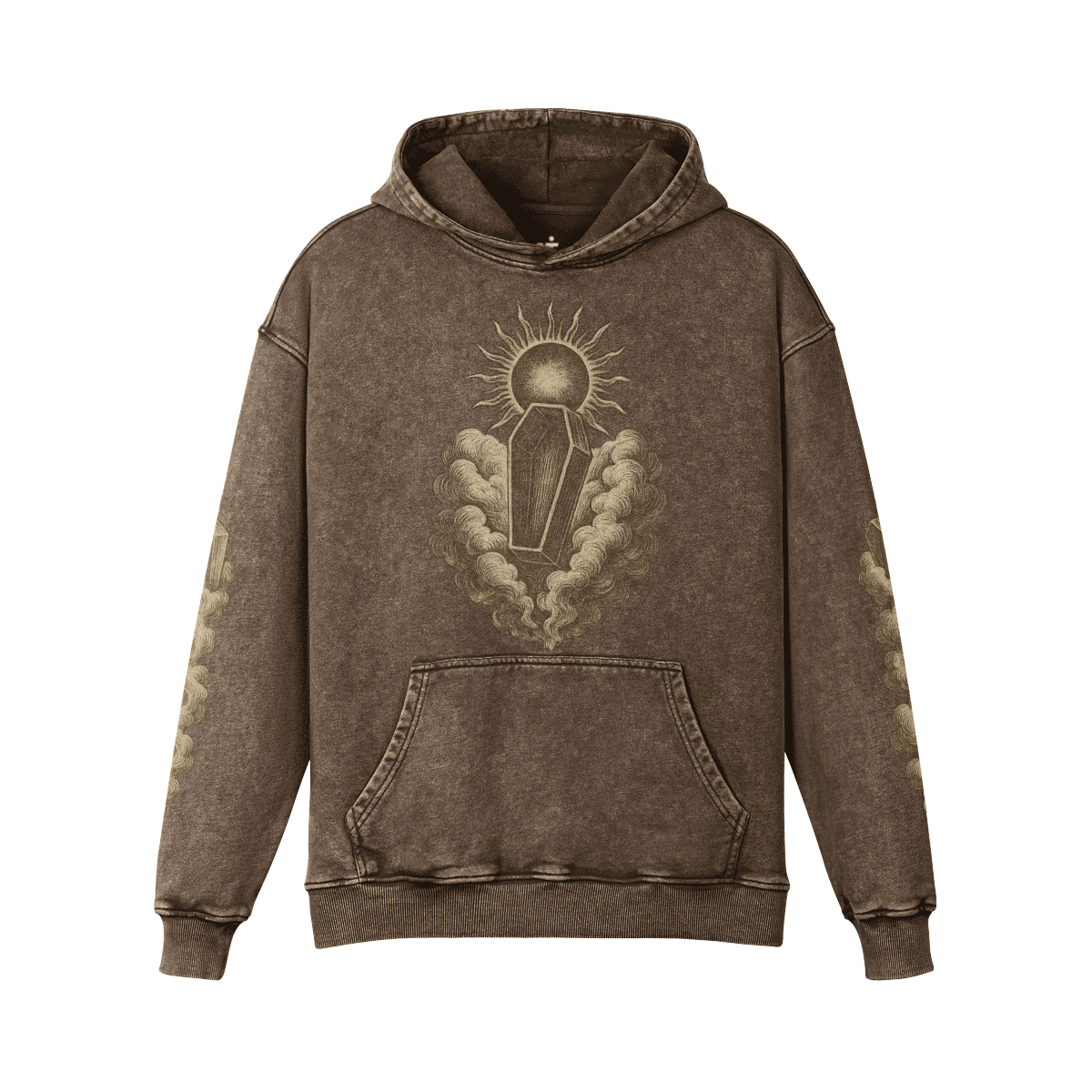 Rebirth washed brown oversized graphic hoodie front view with coffin, sun, and cloud DTG print