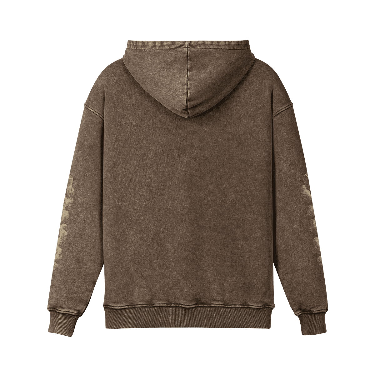 Rebirth washed brown oversized graphic hoodie back view with sleeve DTG details