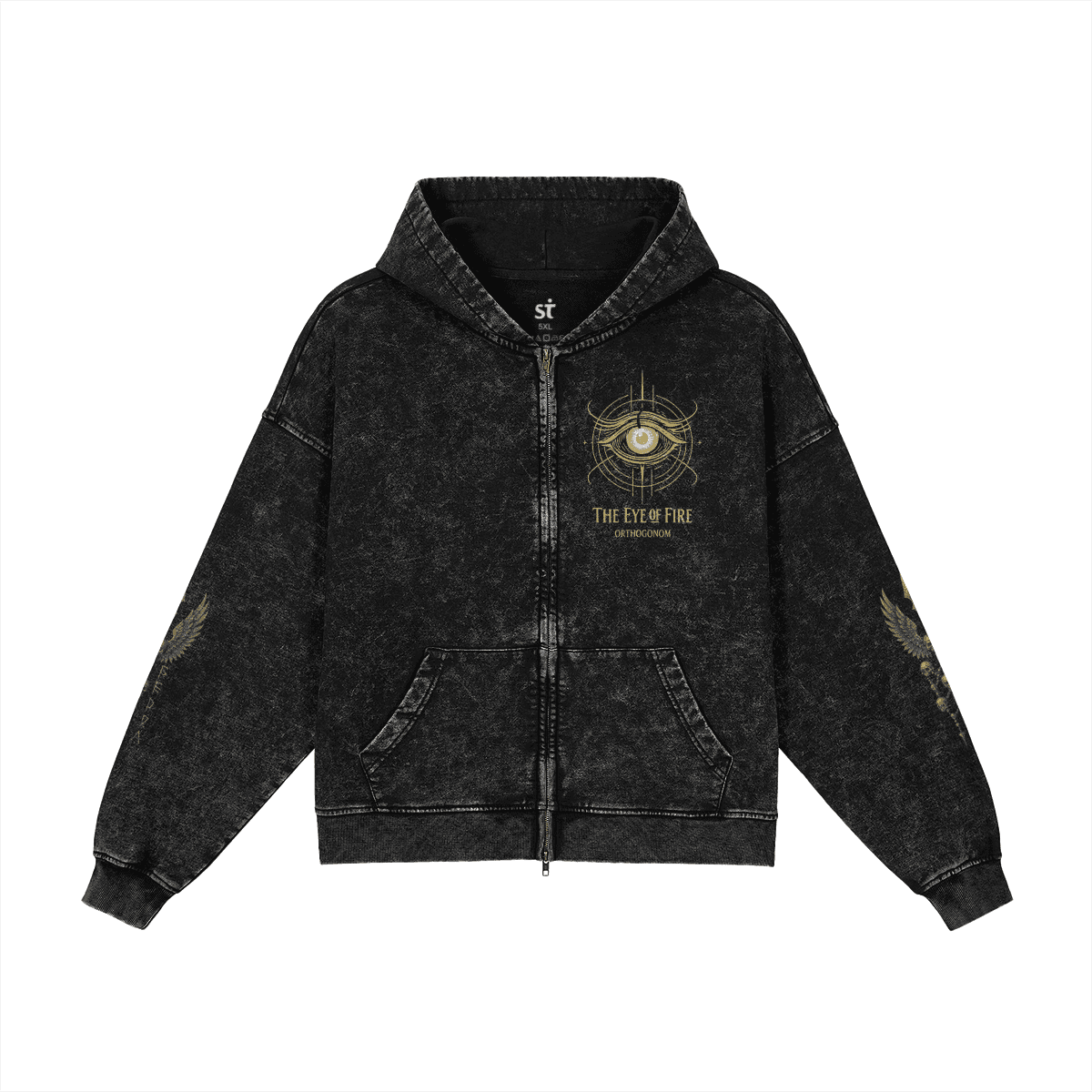 Winged Spear graphic zip up hoodie front view in washed black with eye chest print