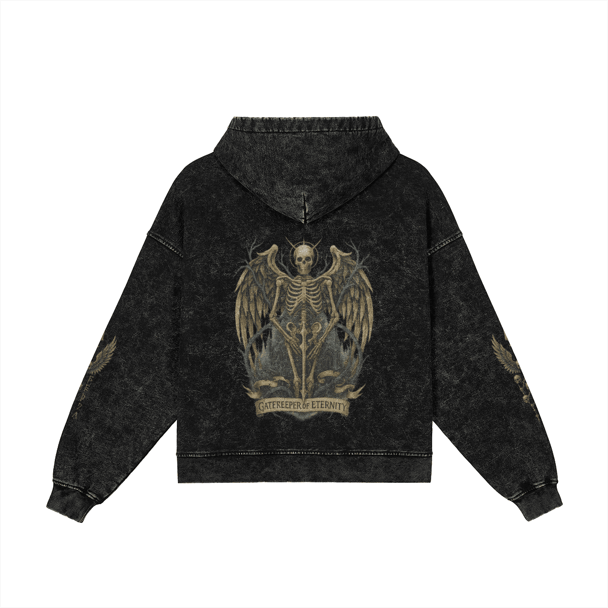 Winged Spear graphic zip up hoodie back view in washed black with skeleton wing print