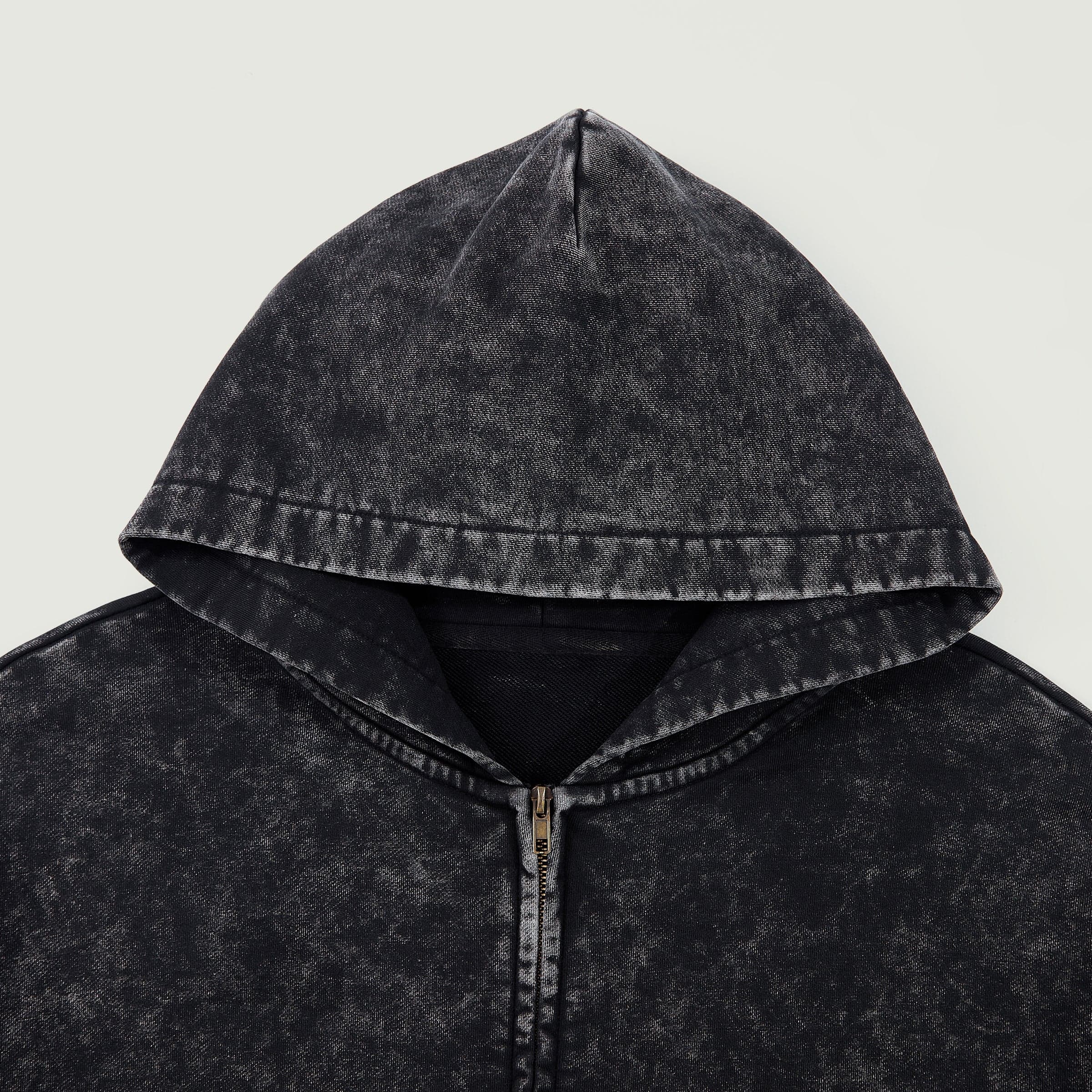 Winged Spear graphic zip up hoodie hood close-up detail in washed black cotton