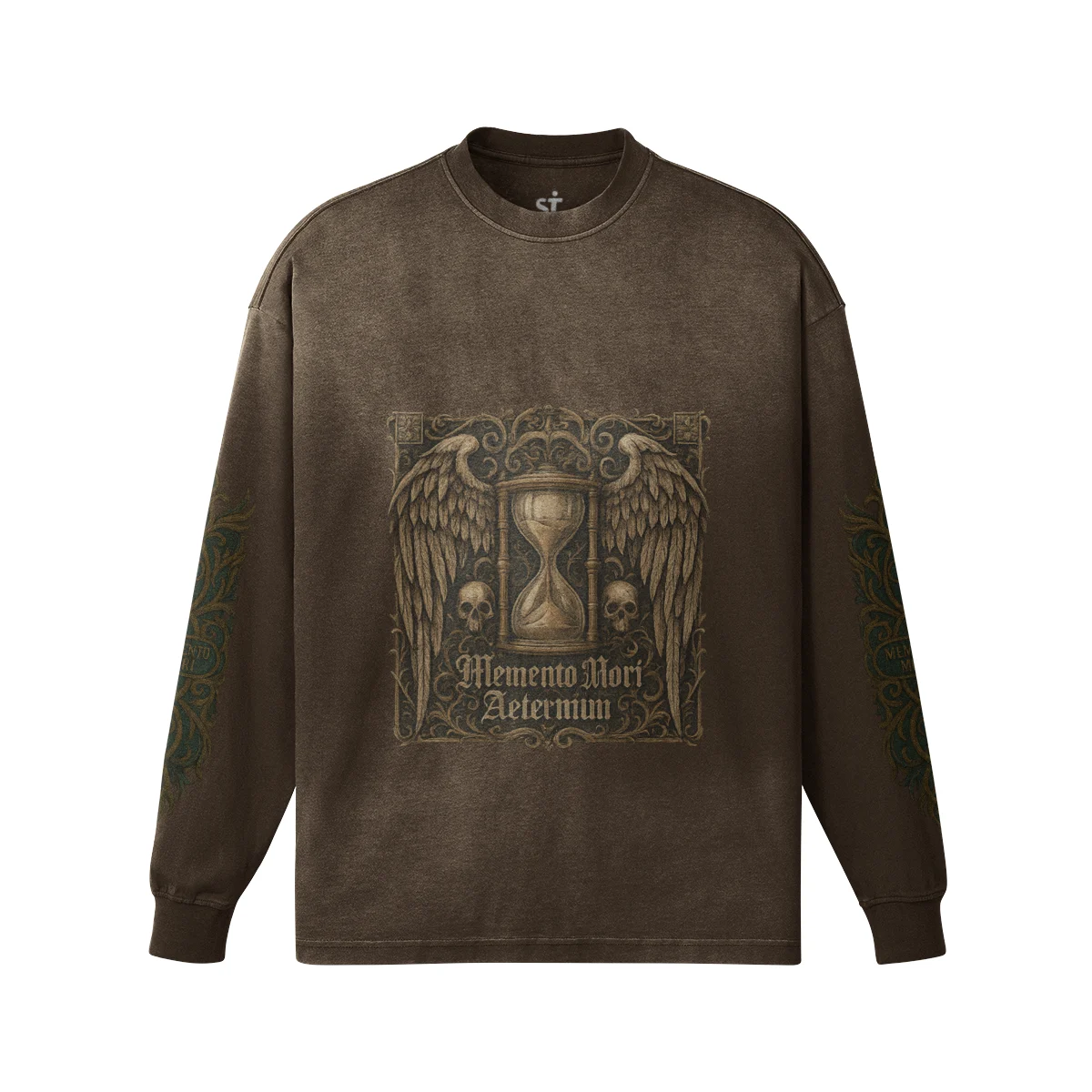 Aeterna Filigree graphic crewneck sweatshirt front view in washed brown with hourglass wing print